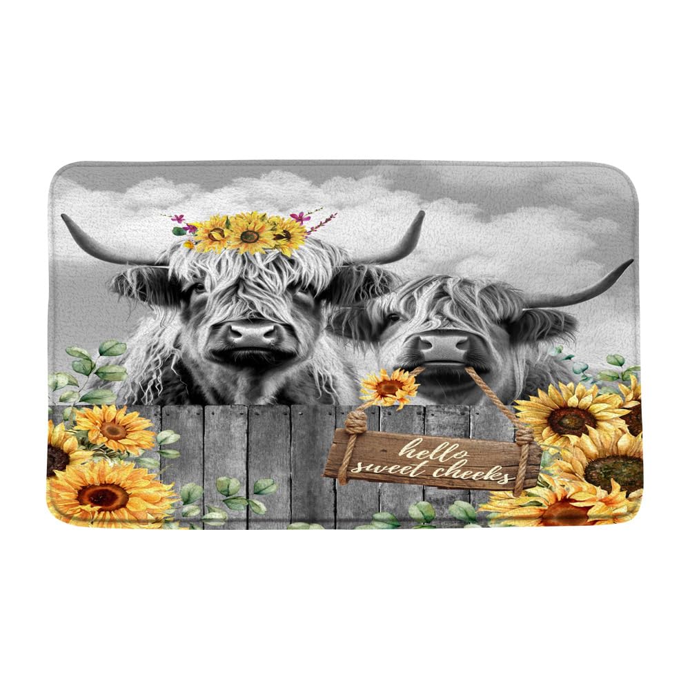 Highland Cow Bath Mat with Sunflower Floral Design