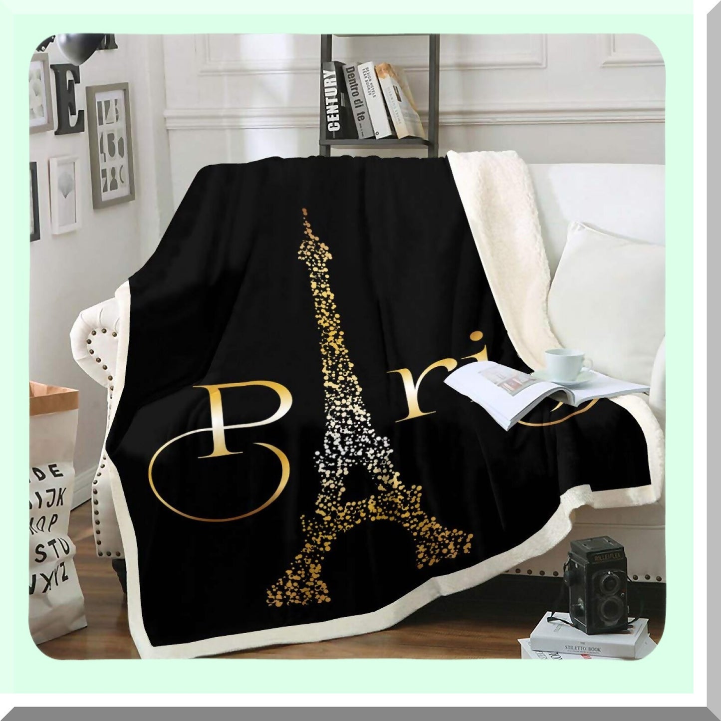 Parisian Dream Sherpa Throw - Soft, Cozy, Warm Fleece Blanket 50"x60" for Girls & Women, Fluffy Plush Black Eiffel Tower Design