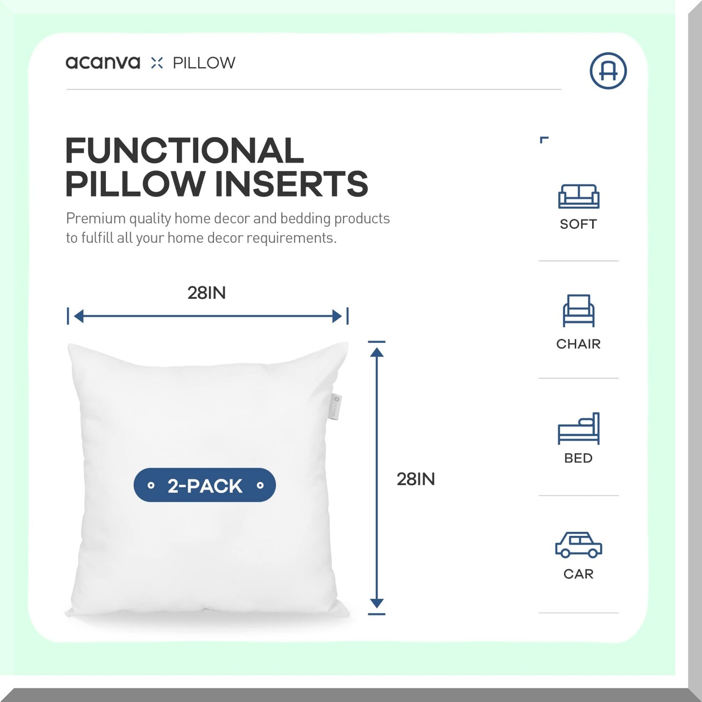 Luxury Lumbar Support Pillow Inserts - Plush Microfiber Filled Decorative Stuffers for Sofa Bed Couch Chairs - 28x28 Size - Set of 2 - White Color