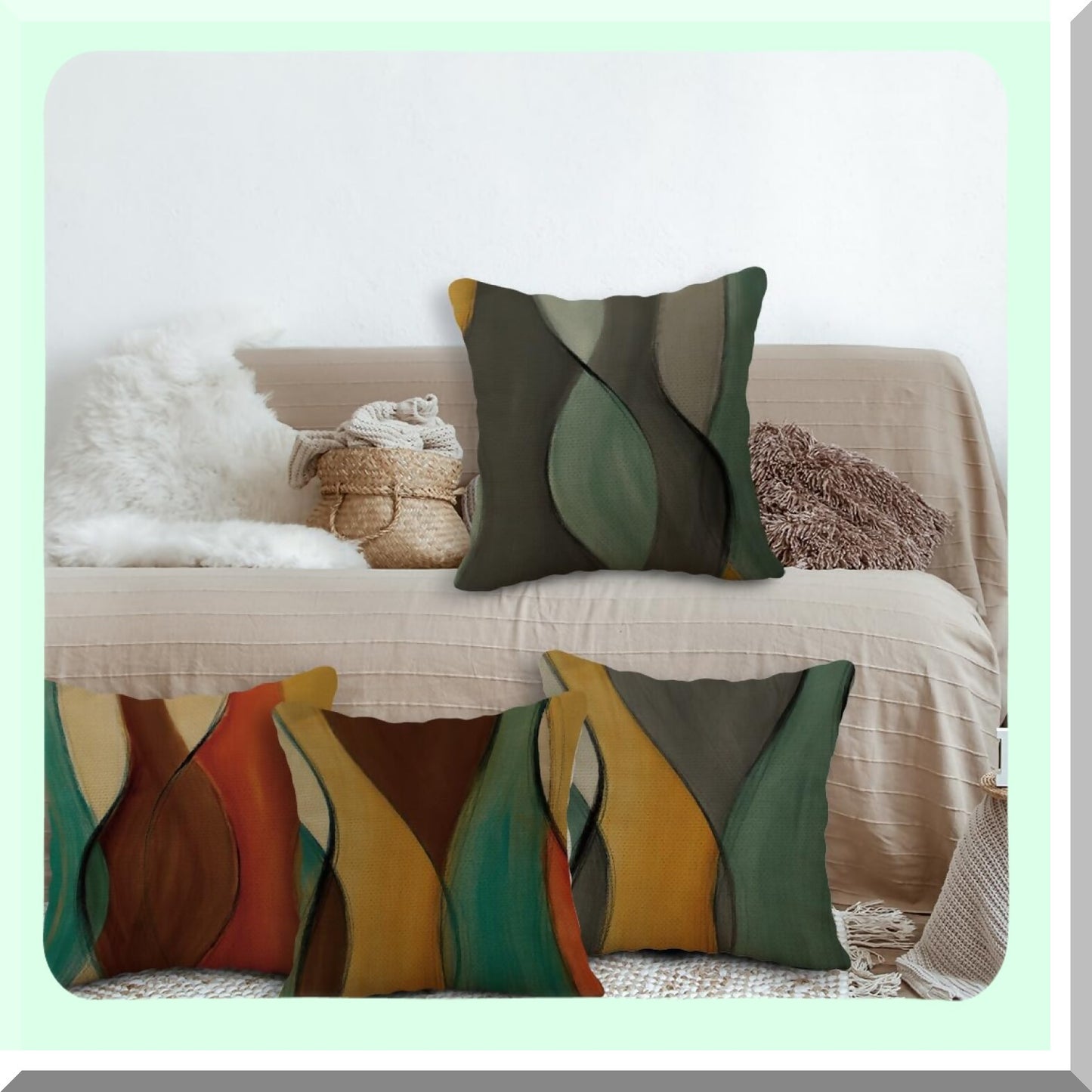 Retro Abstract Green Pillow Set - Mid Century Modern Decorative Covers for Couch, 18x18 Throw Pillows Case, Set of 4