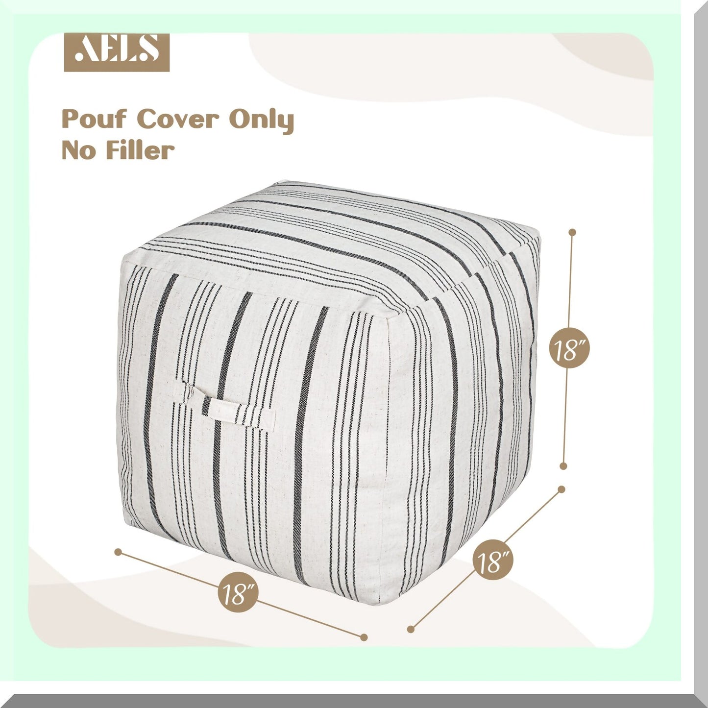 Farmhouse Striped Linen Pouf Cover - Off White Gray Storage Bean Bag Cubes - Square Ottoman Foot Rest Footstool - 18"x18"x18" Cover