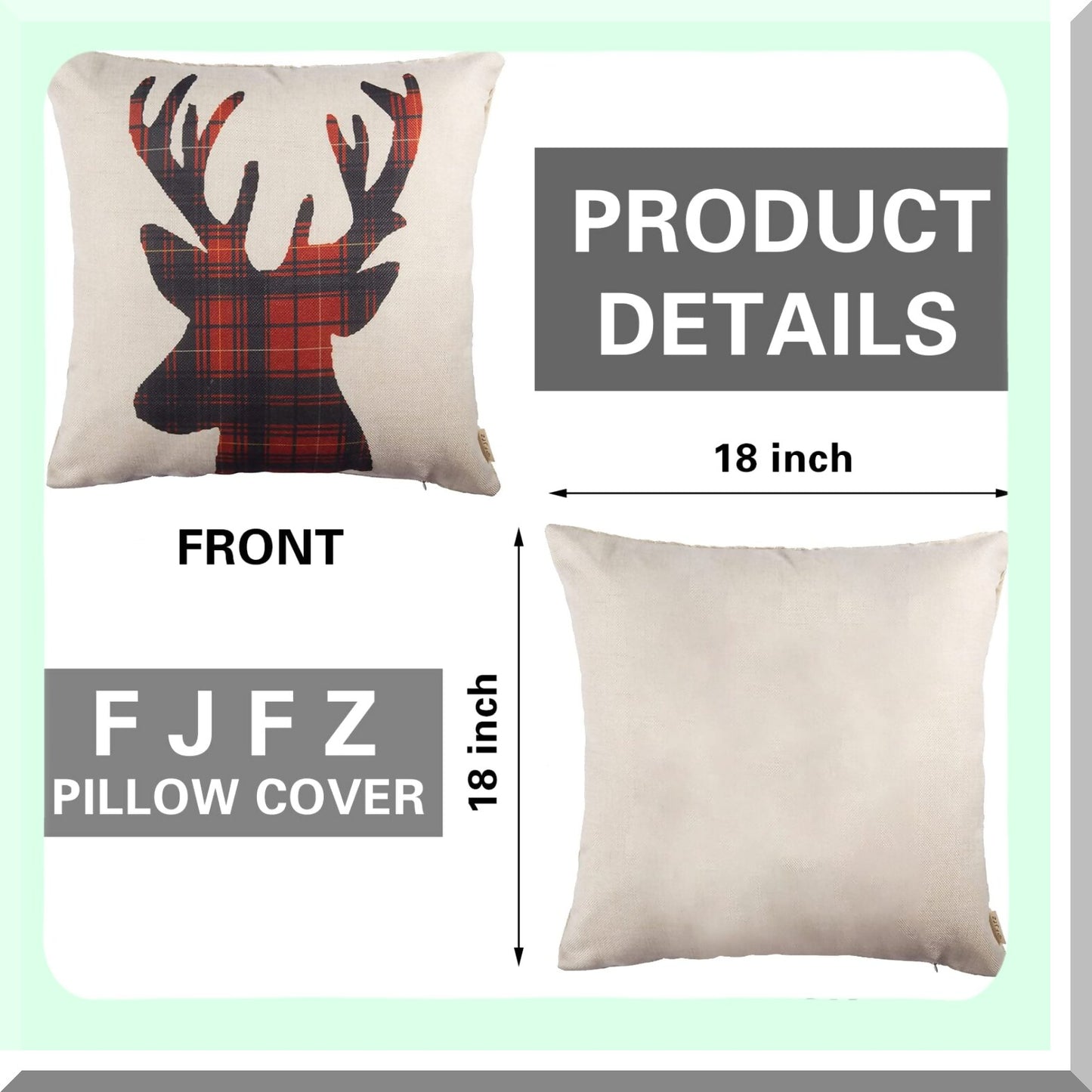 Winter Wonderland Reindeer Pillow Cover - Xmas Red Black Buffalo Plaid Check Elk Farmhouse Decorative Cushion Case for Sofa Couch - 18x18 Cotton Linen Antlers Theme