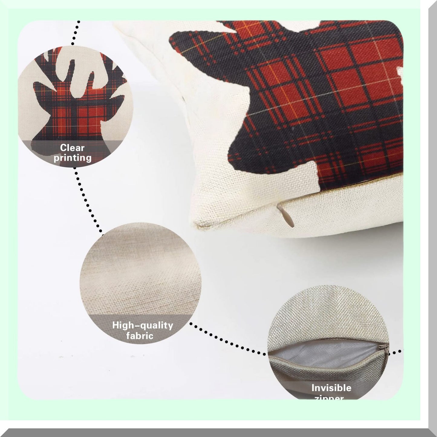 Winter Wonderland Reindeer Pillow Cover - Xmas Red Black Buffalo Plaid Check Elk Farmhouse Decorative Cushion Case for Sofa Couch - 18x18 Cotton Linen Antlers Theme