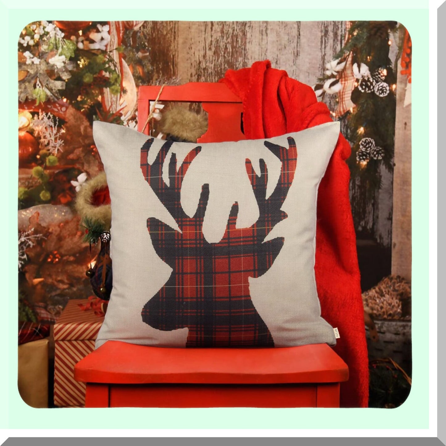 Winter Wonderland Reindeer Pillow Cover - Xmas Red Black Buffalo Plaid Check Elk Farmhouse Decorative Cushion Case for Sofa Couch - 18x18 Cotton Linen Antlers Theme