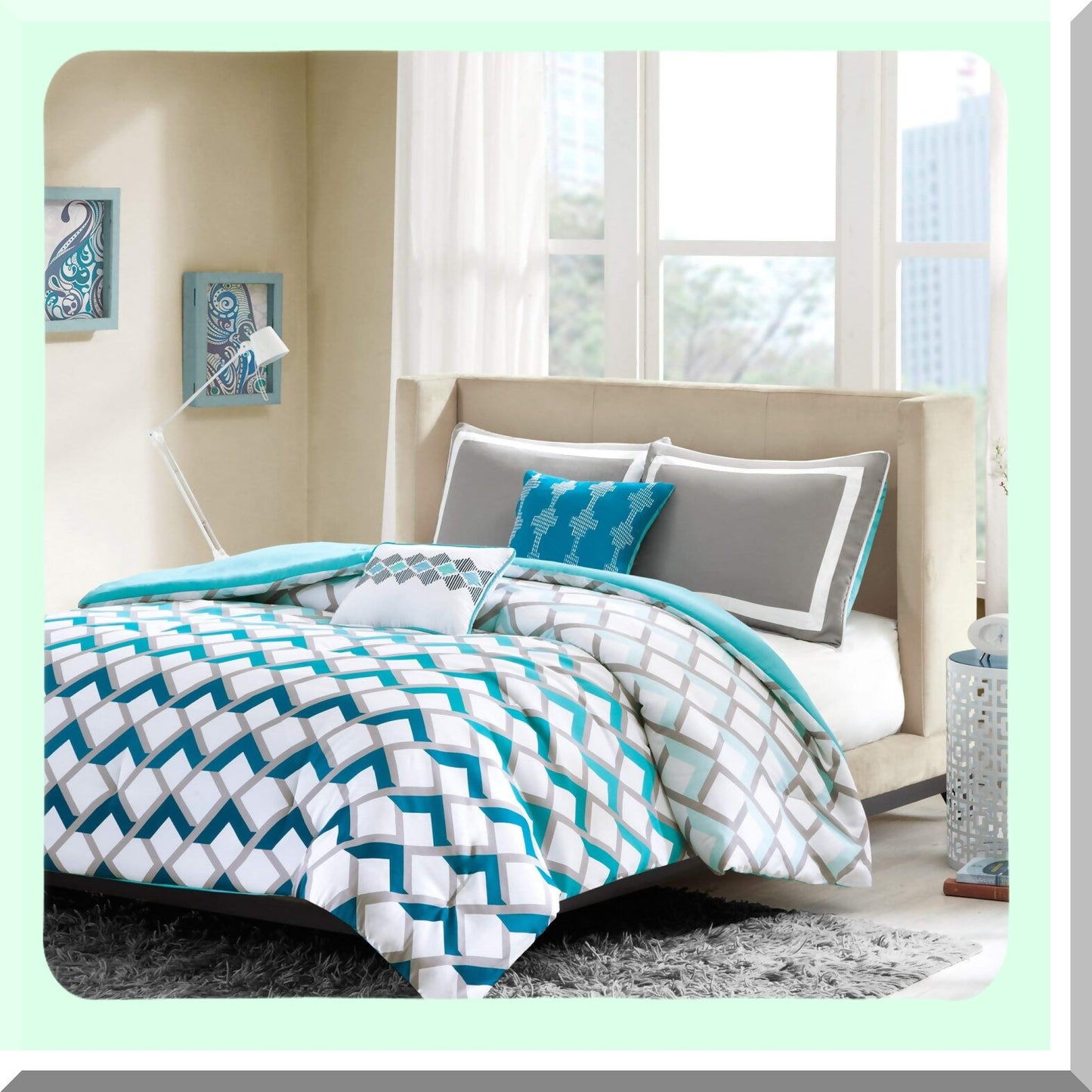 Geometric Bliss All Season Bedding Set - Vibrant Color Comforter with Matching Sham & Decorative Pillow - Full/Queen Size - Finn Blue 5 Piece