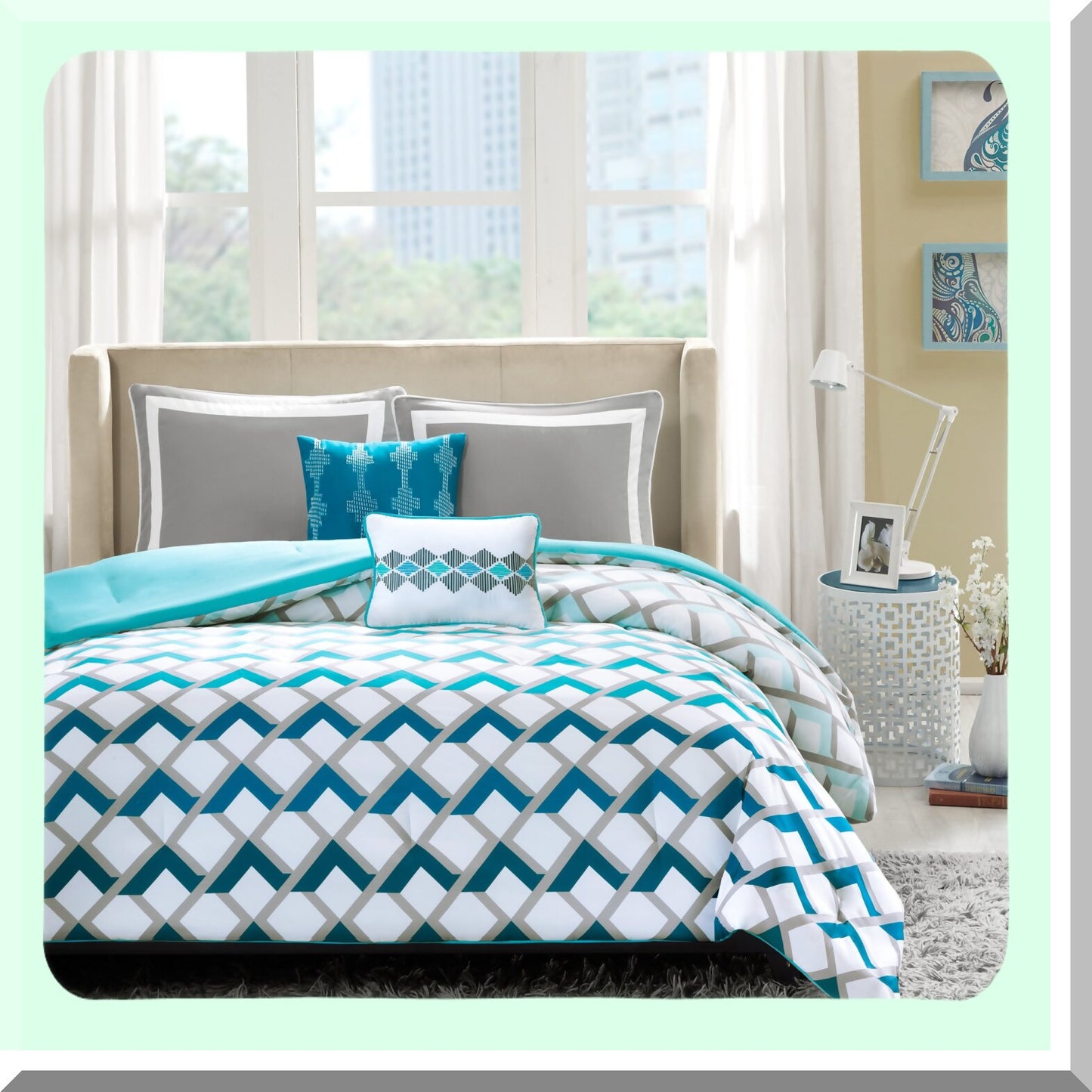 Geometric Bliss All Season Bedding Set - Vibrant Color Comforter with Matching Sham & Decorative Pillow - Full/Queen Size - Finn Blue 5 Piece
