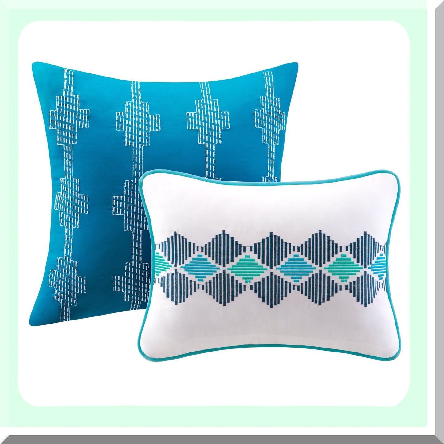 Geometric Bliss All Season Bedding Set - Vibrant Color Comforter with Matching Sham & Decorative Pillow - Full/Queen Size - Finn Blue 5 Piece