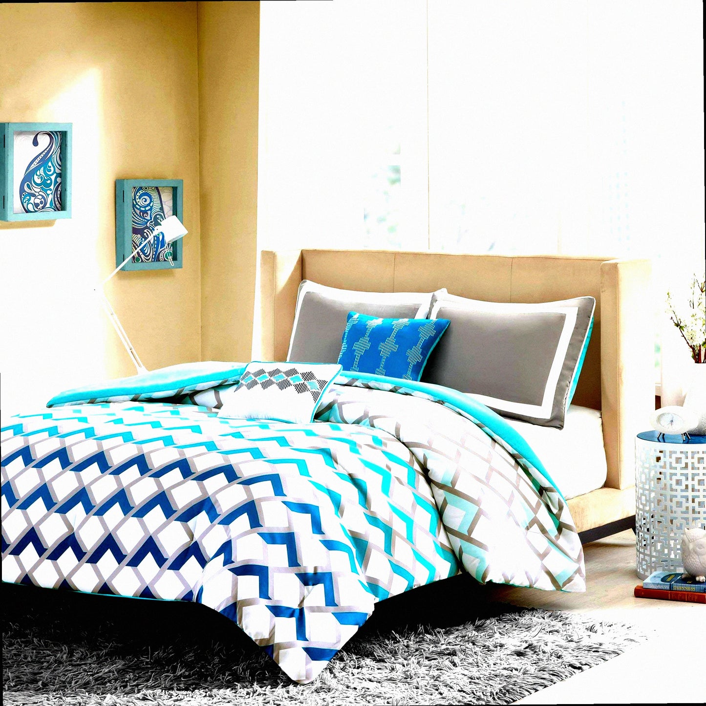 Geometric Bliss All Season Bedding Set - Vibrant Color Comforter with Matching Sham & Decorative Pillow - Full/Queen Size - Finn Blue 5 Piece
