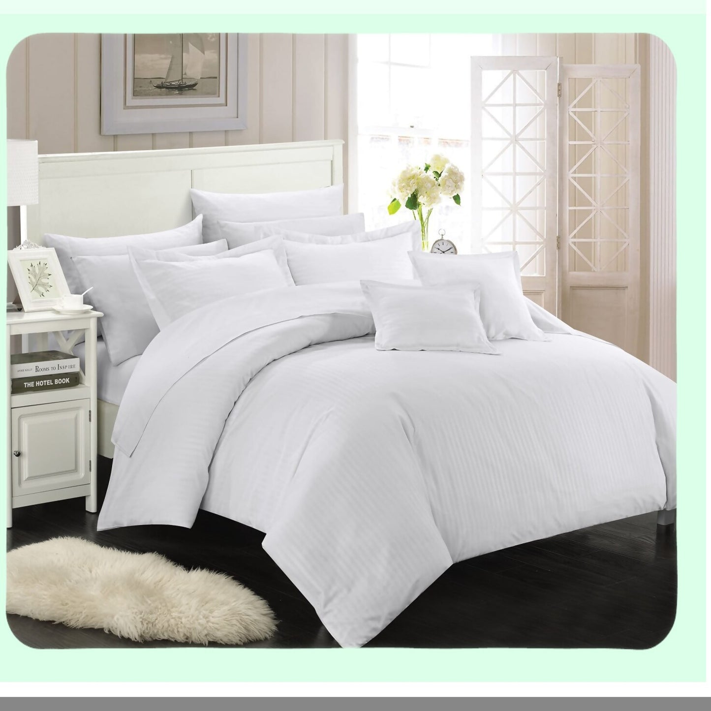 Luxury Stripe Comforter Set - Full/Queen Size - White - 7 Piece Down Alternative Bedding Set - Soft Jacquard Fabric - Khaya Collection