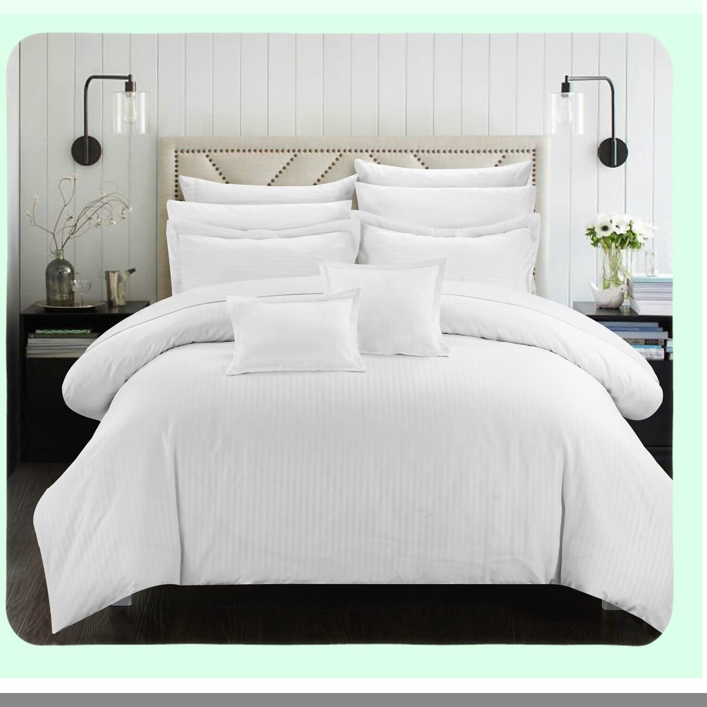 Luxury Stripe Comforter Set - Full/Queen Size - White - 7 Piece Down Alternative Bedding Set - Soft Jacquard Fabric - Khaya Collection