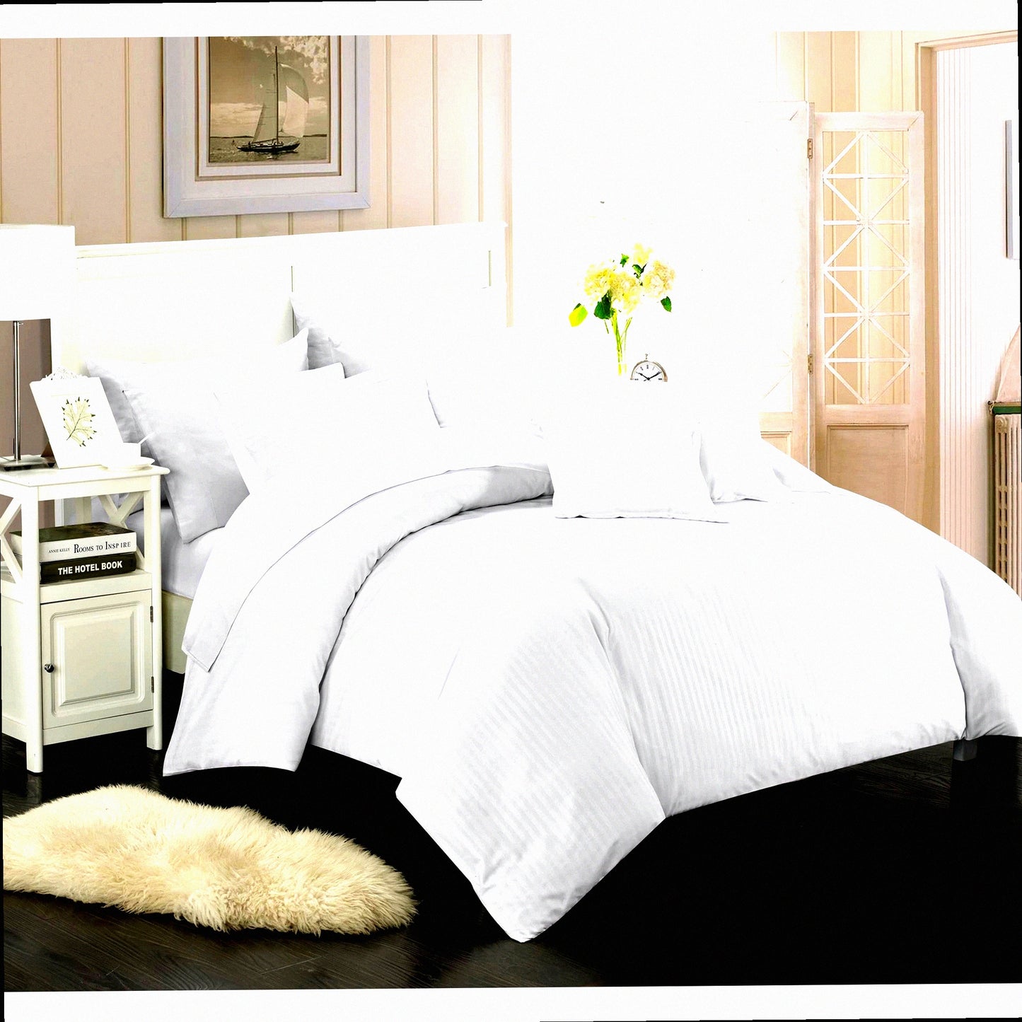 Luxury Stripe Comforter Set - Full/Queen Size - White - 7 Piece Down Alternative Bedding Set - Soft Jacquard Fabric - Khaya Collection