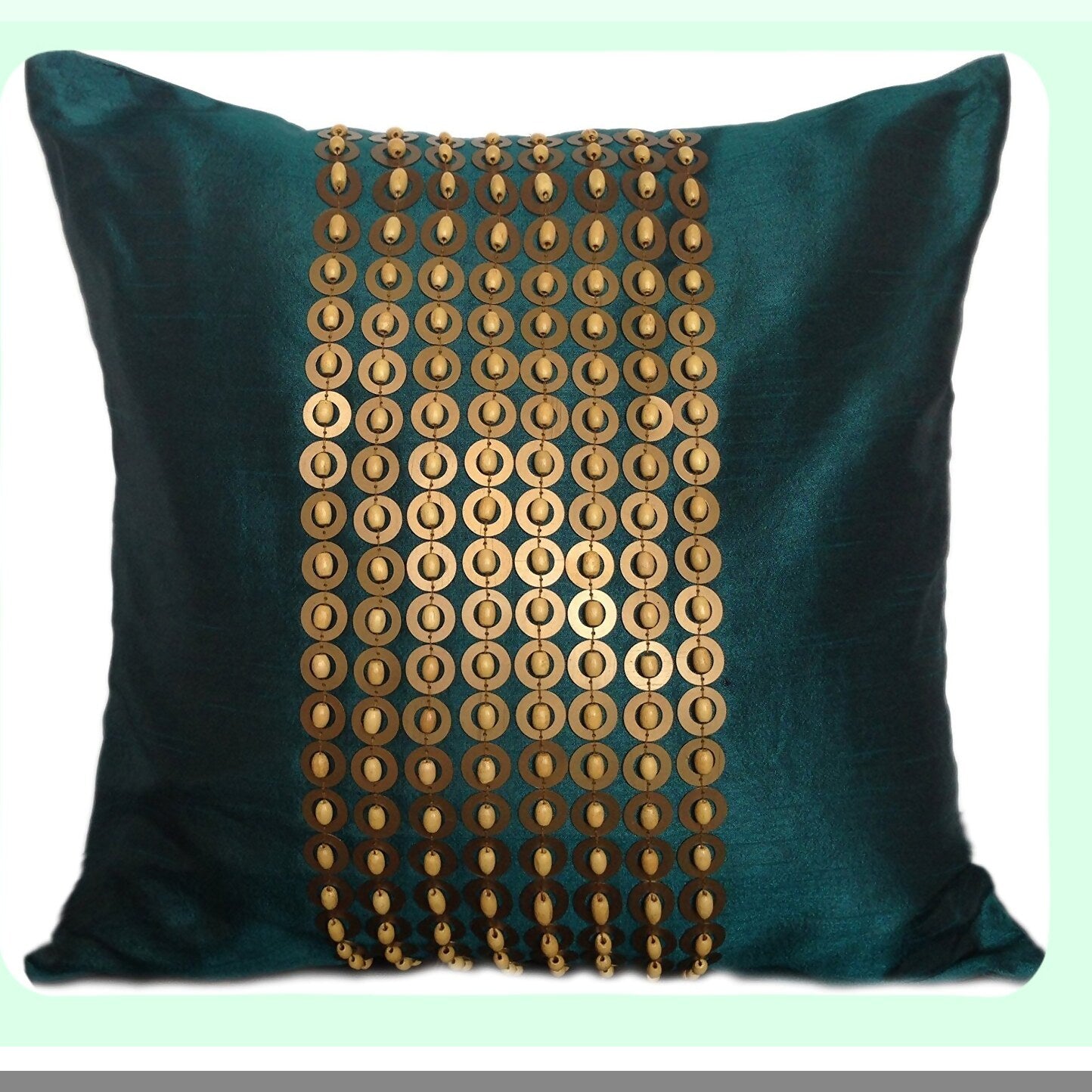 Luxury Sequin Beaded Teal Pillow Cover - 16x16 inch Panel Pattern with Gold Embroidery - Elegant Dark Teal Decor Accent