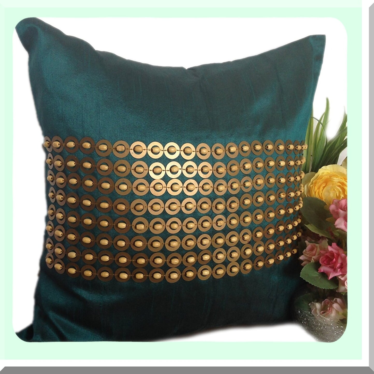 Luxury Sequin Beaded Teal Pillow Cover - 16x16 inch Panel Pattern with Gold Embroidery - Elegant Dark Teal Decor Accent