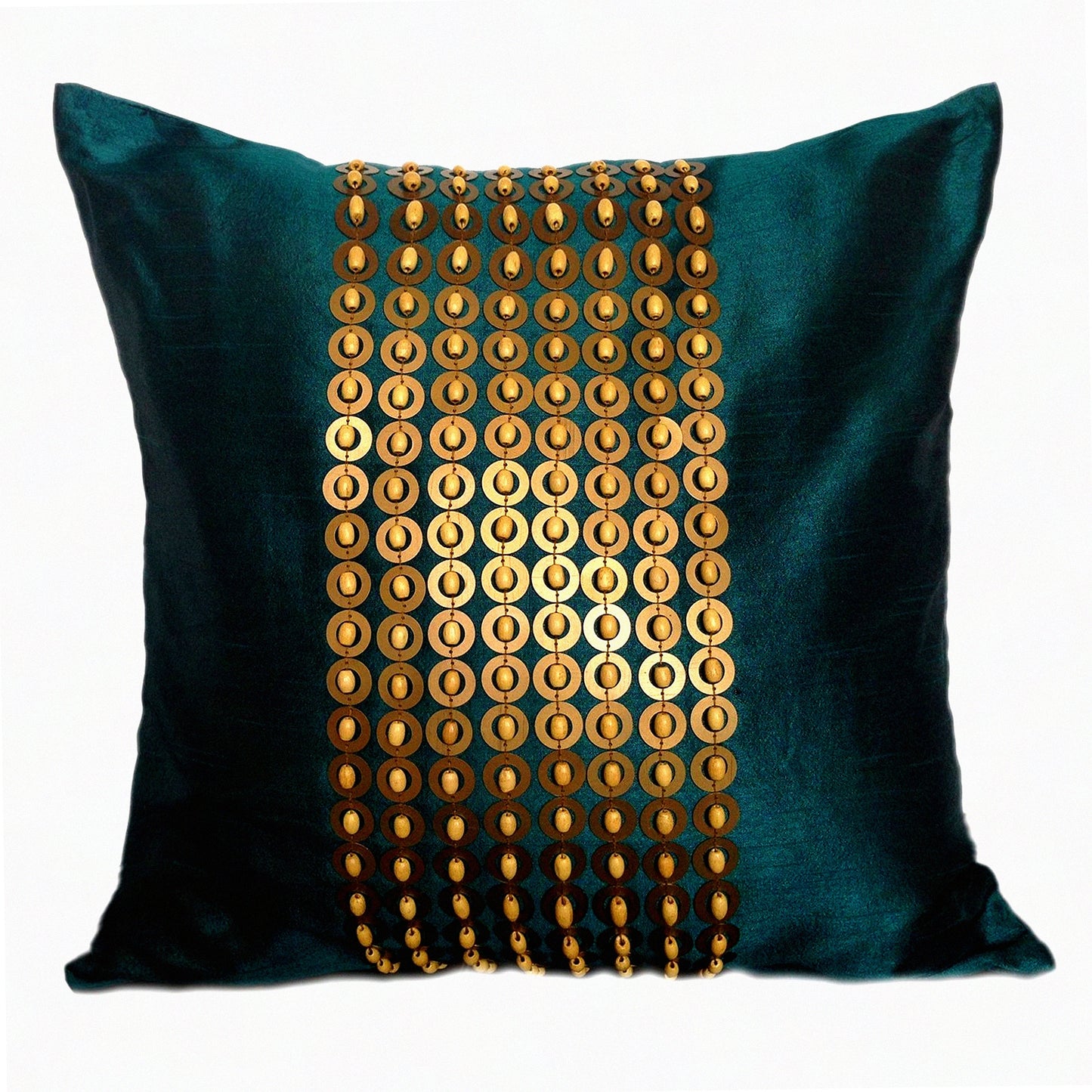 Luxury Sequin Beaded Teal Pillow Cover - 16x16 inch Panel Pattern with Gold Embroidery - Elegant Dark Teal Decor Accent