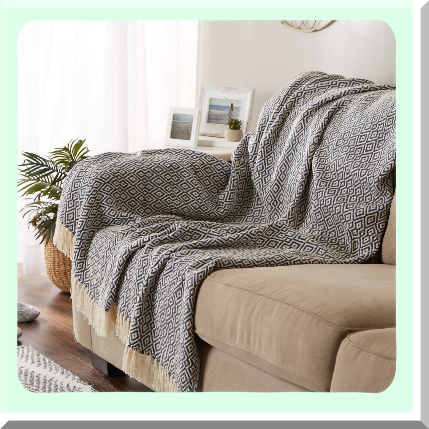 CozyFarm Rustic Diamond Woven Throw Blanket, 50x60, French Blue