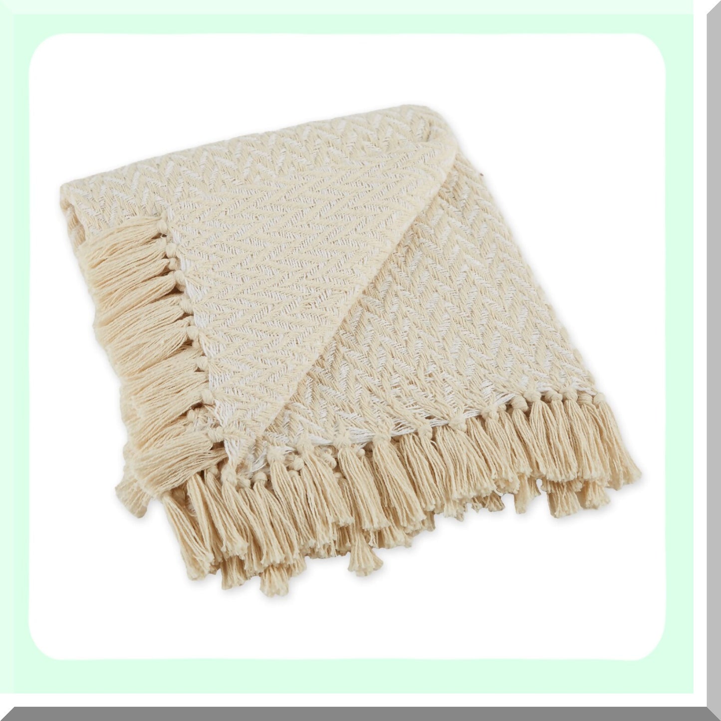 CozyCotton ZigZag Throw Blanket with Hand-Knotted Fringe, 50x60, Natural