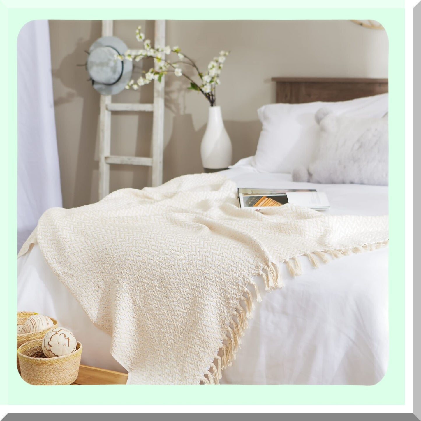 CozyCotton ZigZag Throw Blanket with Hand-Knotted Fringe, 50x60, Natural