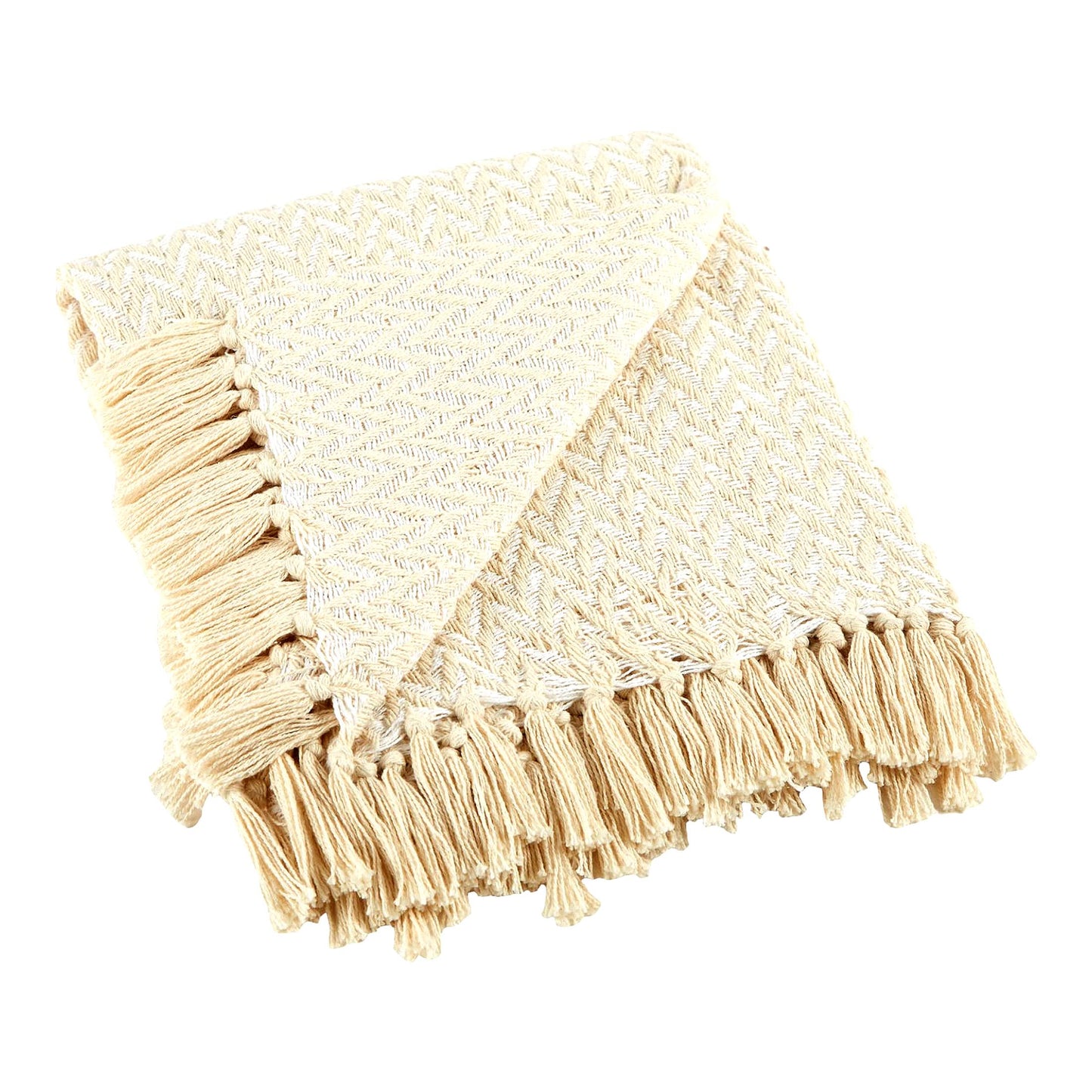 CozyCotton ZigZag Throw Blanket with Hand-Knotted Fringe, 50x60, Natural