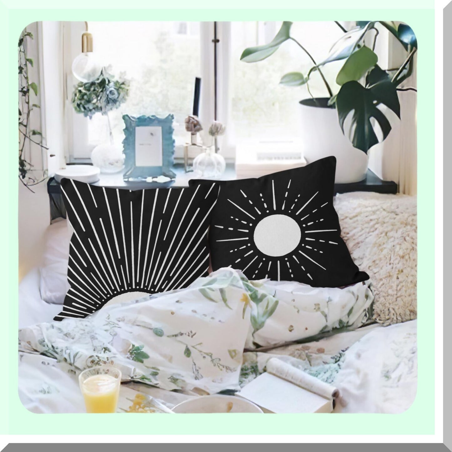Sunrise Boho Decor Pillowcase Set - Modern Art Sun Sunshine Throw Pillow Cover for Sofa Bed Room Home Decor, 18 x 18 Inch, Black, Set of 2