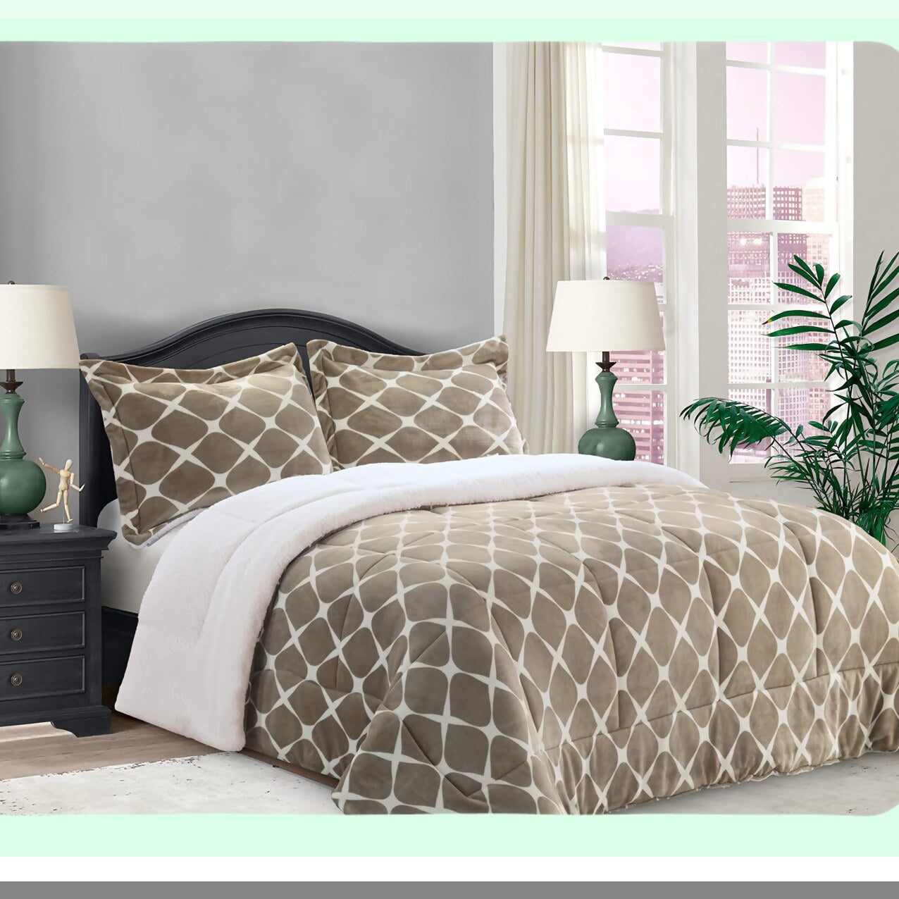 Autumn Taupe Ogee Sherpa Comforter Set - 3-Piece Luna Collection | Soft & Cozy Reversible Bedding | Breathable Micro-Suede Fabric | Queen Size