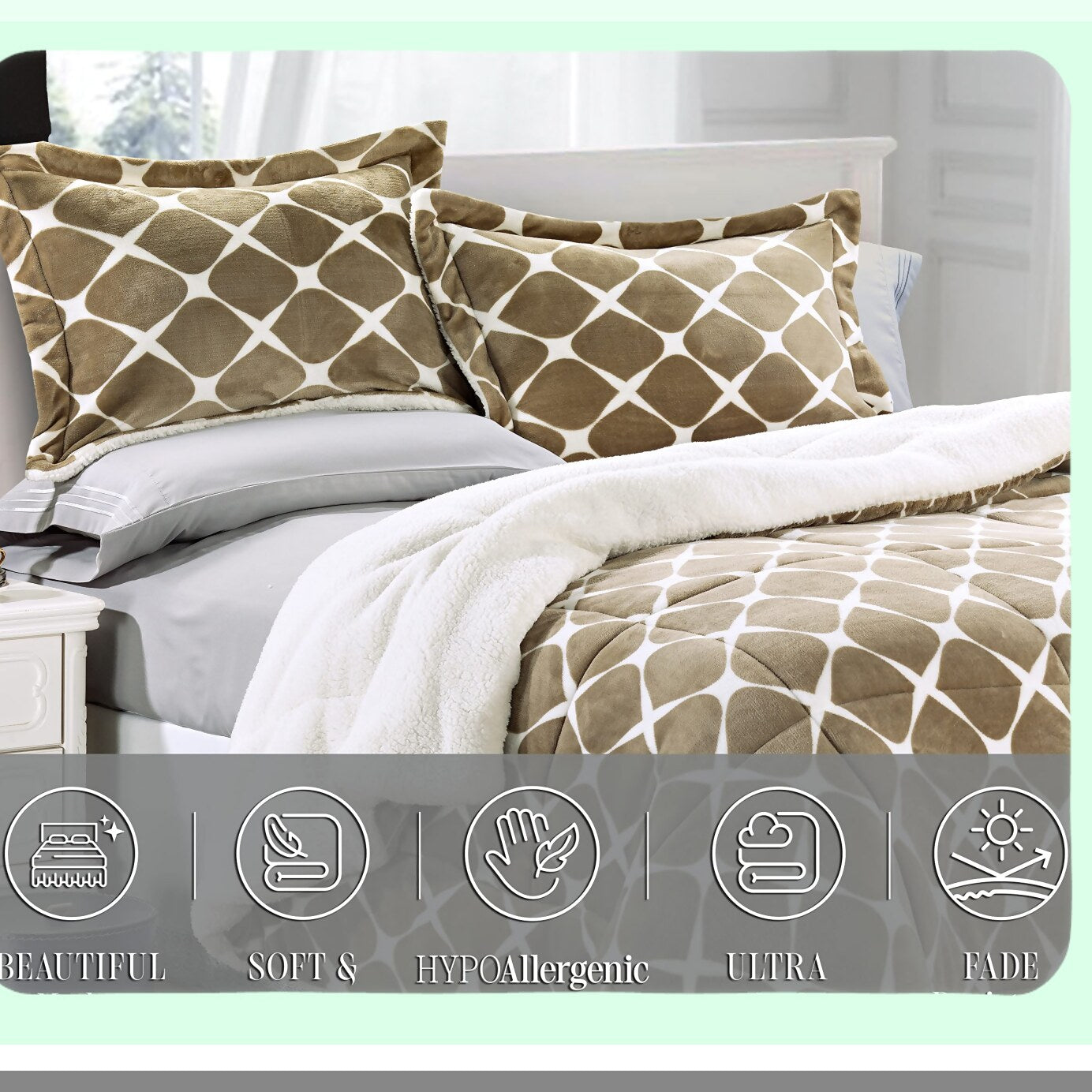Autumn Taupe Ogee Sherpa Comforter Set - 3-Piece Luna Collection | Soft & Cozy Reversible Bedding | Breathable Micro-Suede Fabric | Queen Size