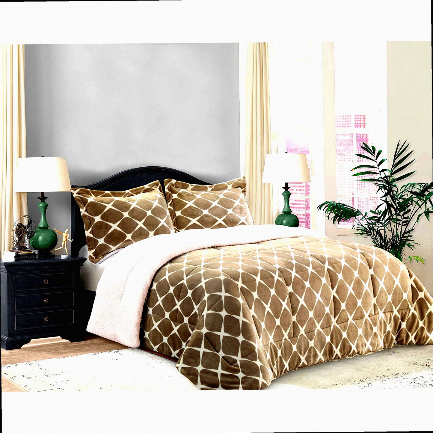 Autumn Taupe Ogee Sherpa Comforter Set - 3-Piece Luna Collection | Soft & Cozy Reversible Bedding | Breathable Micro-Suede Fabric | Queen Size