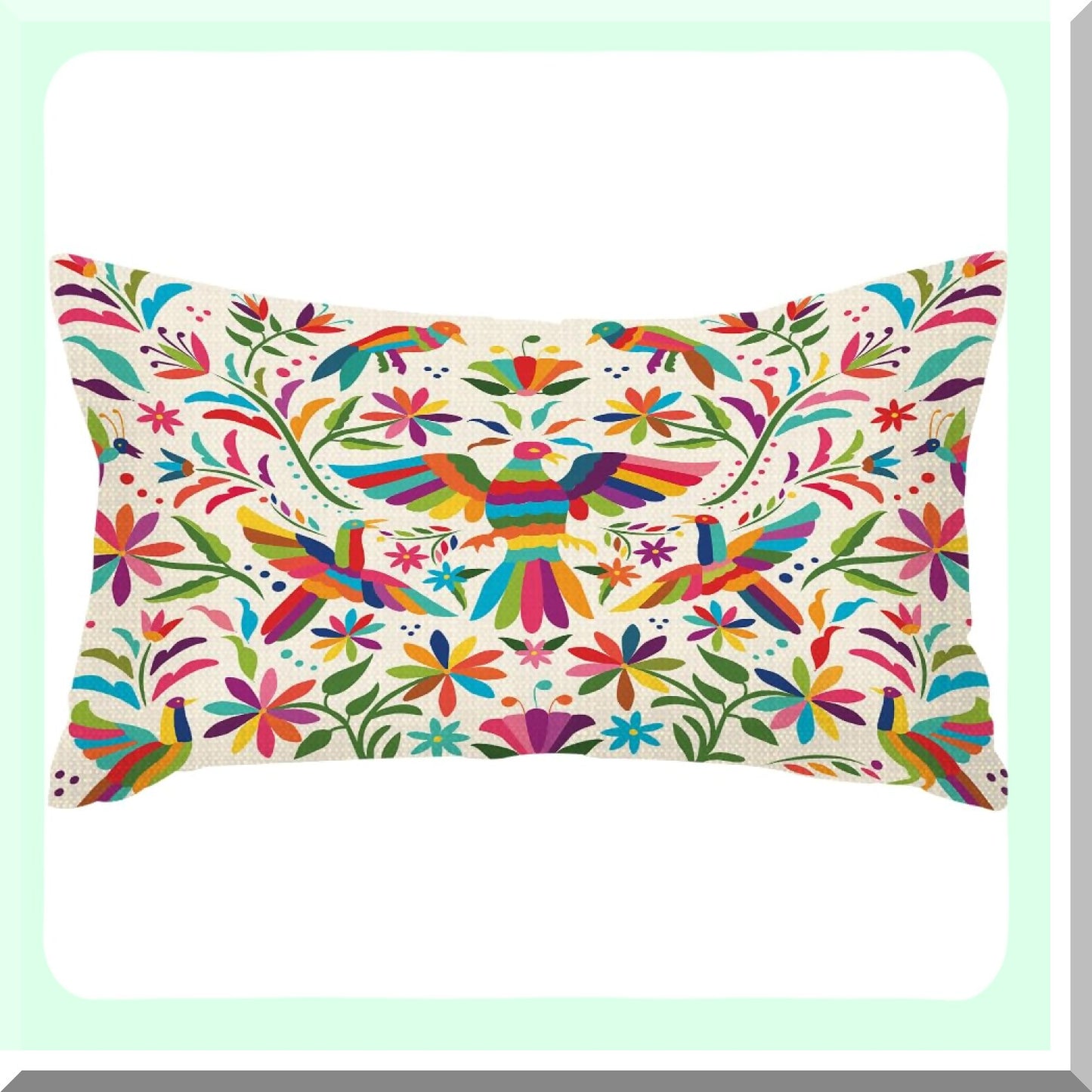 Otomi Birds Floral Cushion Cover - Mexican Cotton Linen Pillow Cases for Sofa Decor - Waist Lumbar Throw Pillow Covers 12x20 Inches - Home Decor Rectangle