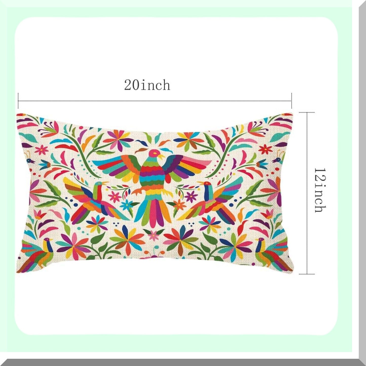 Otomi Birds Floral Cushion Cover - Mexican Cotton Linen Pillow Cases for Sofa Decor - Waist Lumbar Throw Pillow Covers 12x20 Inches - Home Decor Rectangle