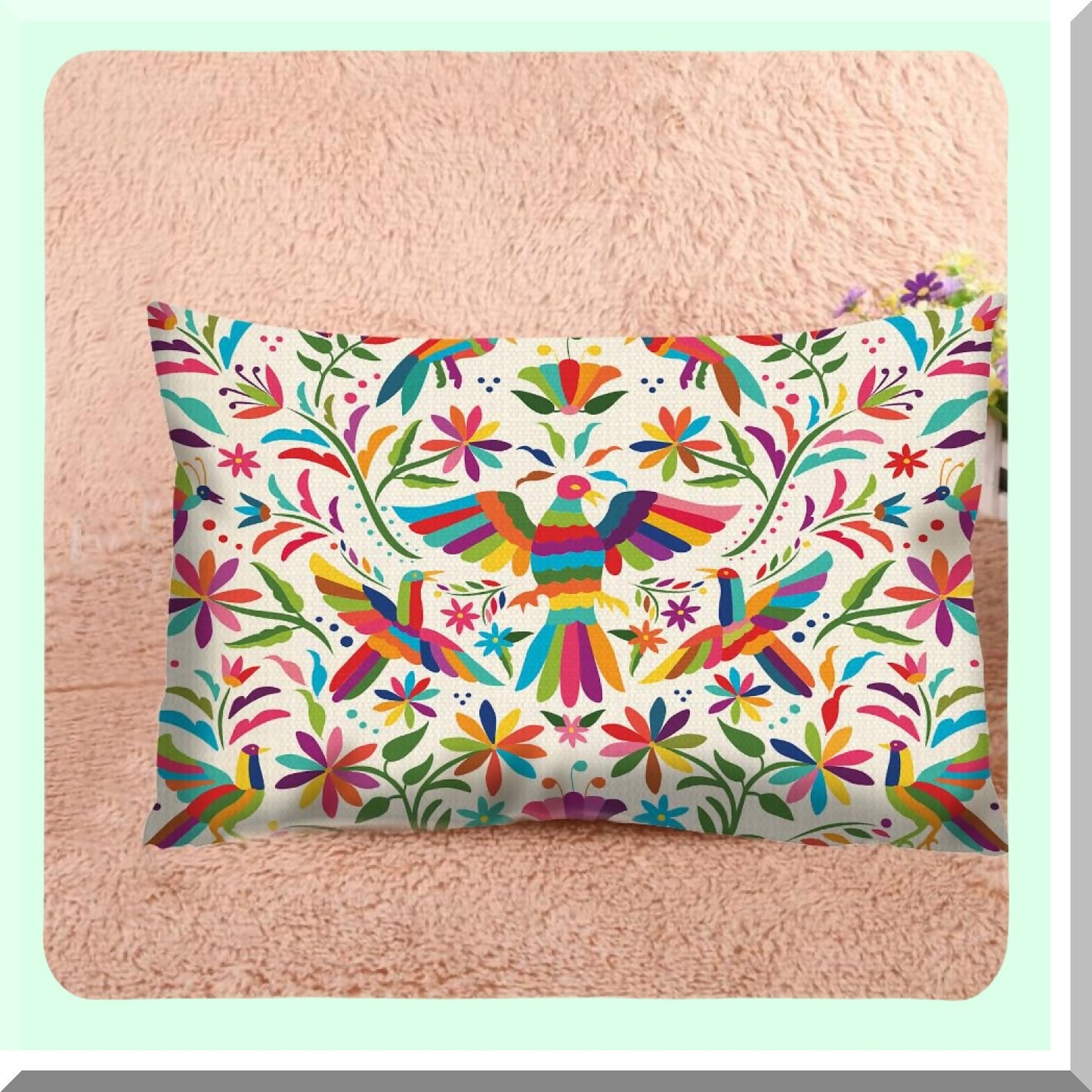 Otomi Birds Floral Cushion Cover - Mexican Cotton Linen Pillow Cases for Sofa Decor - Waist Lumbar Throw Pillow Covers 12x20 Inches - Home Decor Rectangle