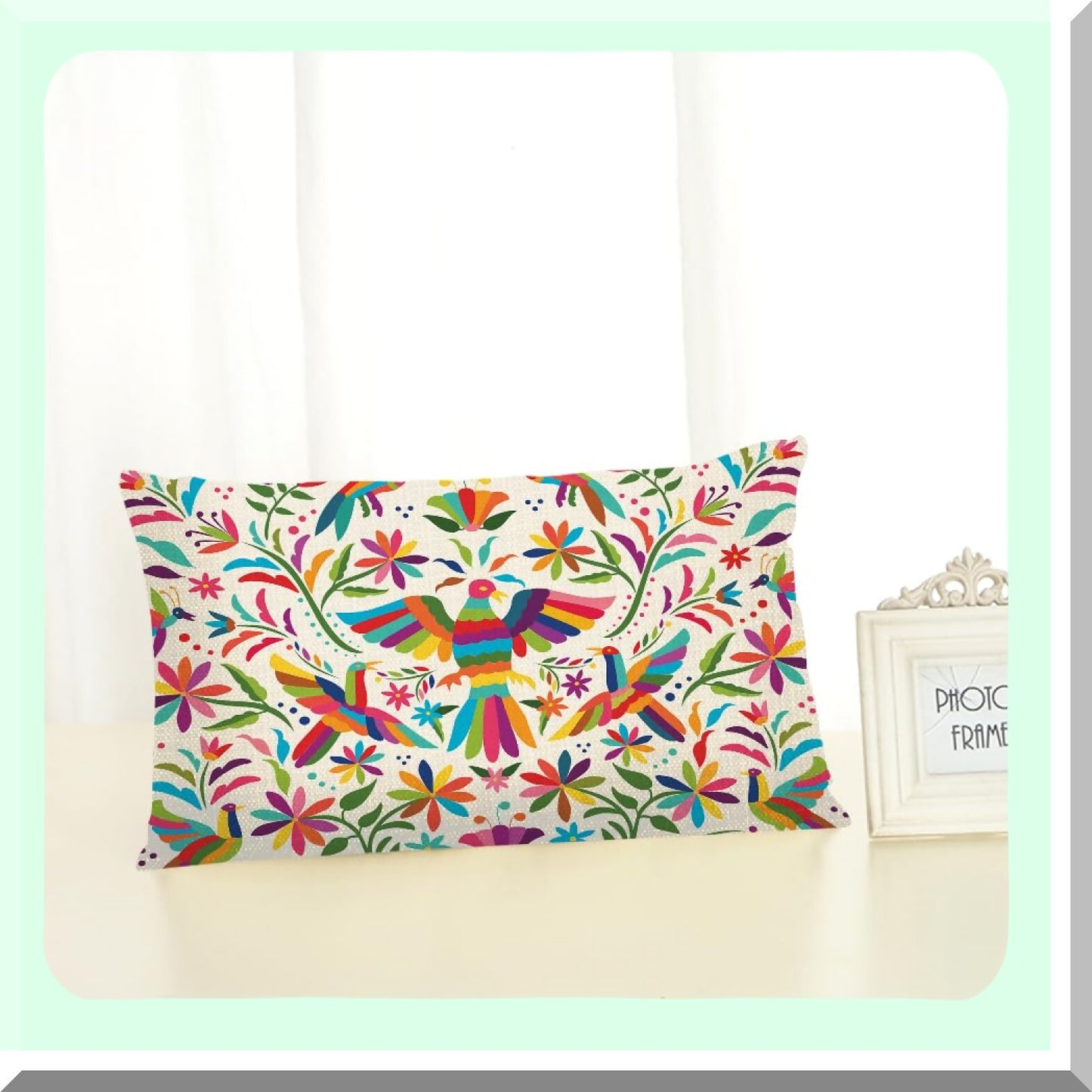 Otomi Birds Floral Cushion Cover - Mexican Cotton Linen Pillow Cases for Sofa Decor - Waist Lumbar Throw Pillow Covers 12x20 Inches - Home Decor Rectangle
