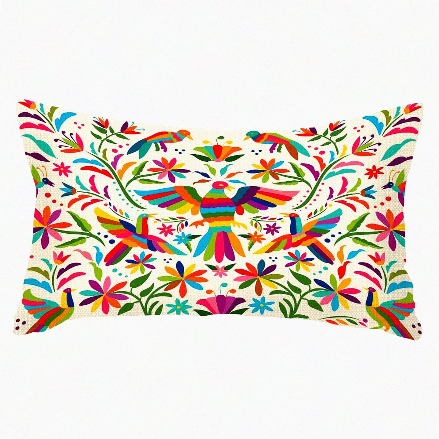 Otomi Birds Floral Cushion Cover - Mexican Cotton Linen Pillow Cases for Sofa Decor - Waist Lumbar Throw Pillow Covers 12x20 Inches - Home Decor Rectangle