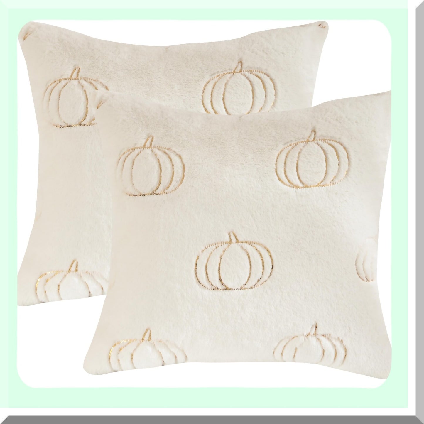 Sequin Pumpkin Embroidery Throw Pillow Covers Set - Thanksgiving Home Decor Cushion Cases - White Plush Pillowcases for Sofa Bed - 18x18 inch - Pack of 2