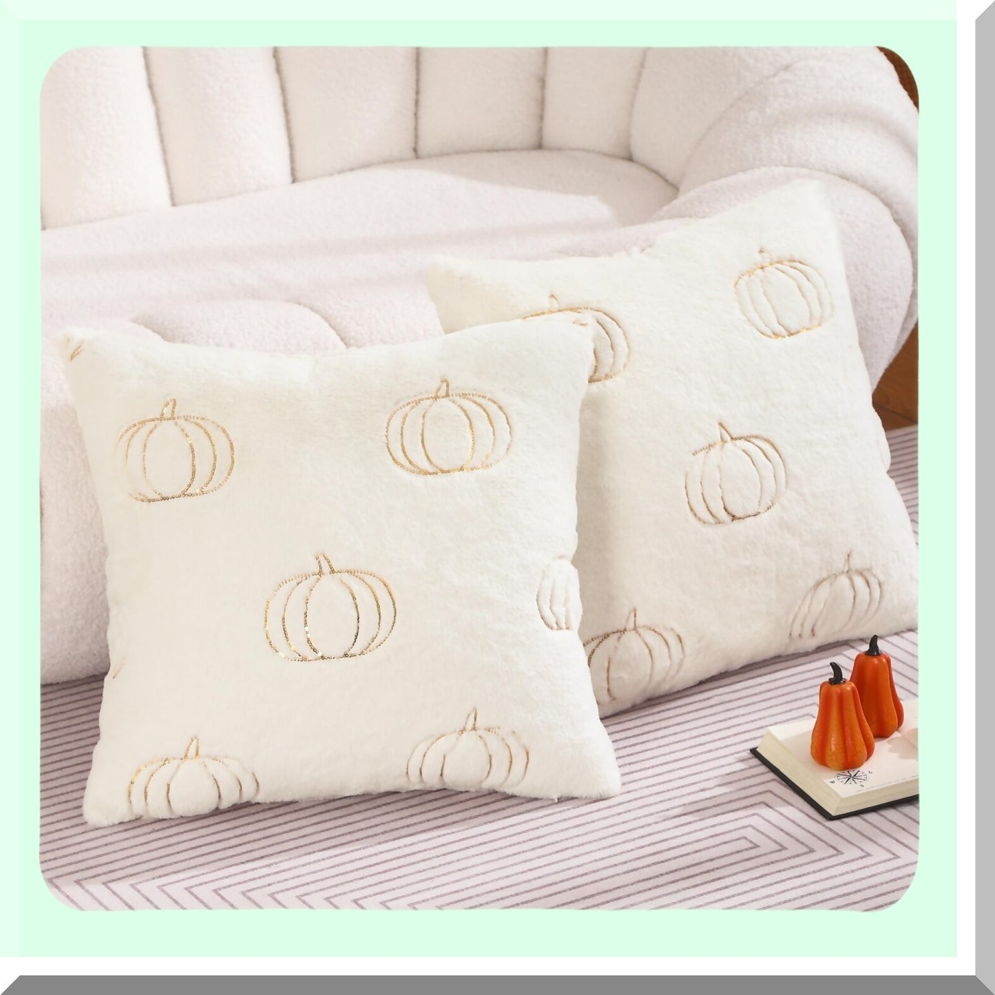 Sequin Pumpkin Embroidery Throw Pillow Covers Set - Thanksgiving Home Decor Cushion Cases - White Plush Pillowcases for Sofa Bed - 18x18 inch - Pack of 2
