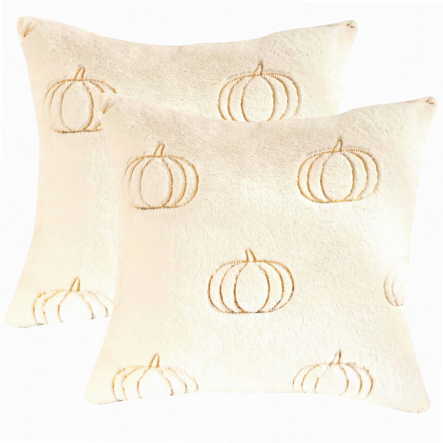 Sequin Pumpkin Embroidery Throw Pillow Covers Set - Thanksgiving Home Decor Cushion Cases - White Plush Pillowcases for Sofa Bed - 18x18 inch - Pack of 2