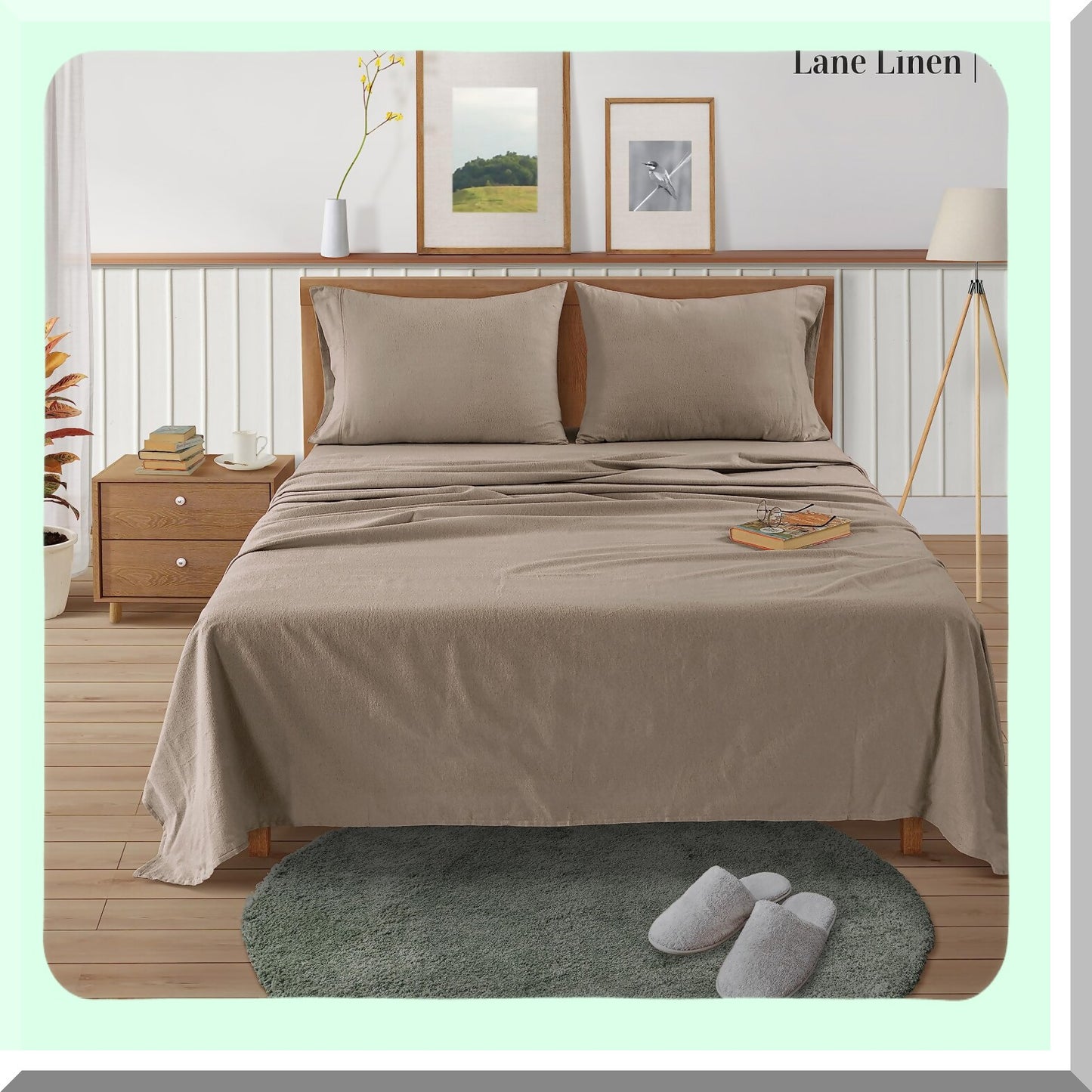 Luxury Cozy Cotton Flannel Queen Sheet Set - Soft Brushed Bedding, Lightweight & Warm 4-Piece Bed Set, Deep Pocket, Taupe Color - Queen Size Sheets