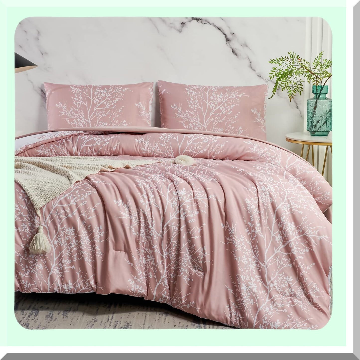 Floral Bliss 5-Piece Twin Comforter Set - Soft Microfiber Bedding for Girls, Women, and Teens - Botanical Pattern Bed in a Bag - Blush Twin Size Quilt Set