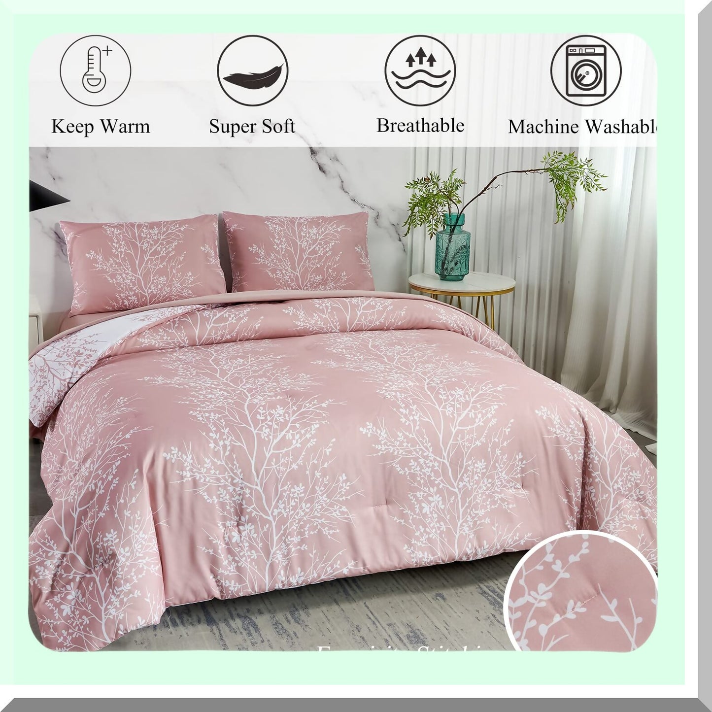 Floral Bliss 5-Piece Twin Comforter Set - Soft Microfiber Bedding for Girls, Women, and Teens - Botanical Pattern Bed in a Bag - Blush Twin Size Quilt Set