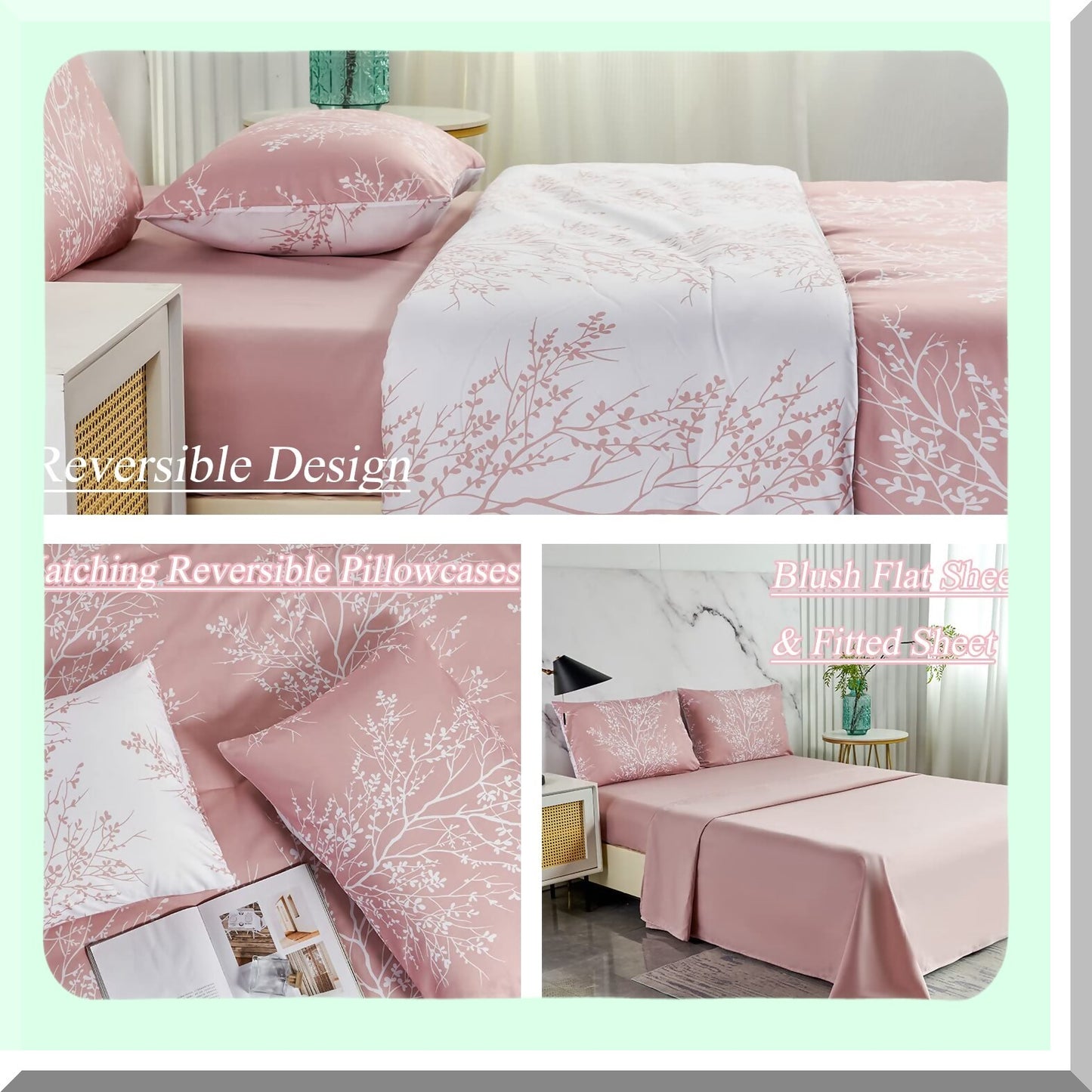 Floral Bliss 5-Piece Twin Comforter Set - Soft Microfiber Bedding for Girls, Women, and Teens - Botanical Pattern Bed in a Bag - Blush Twin Size Quilt Set