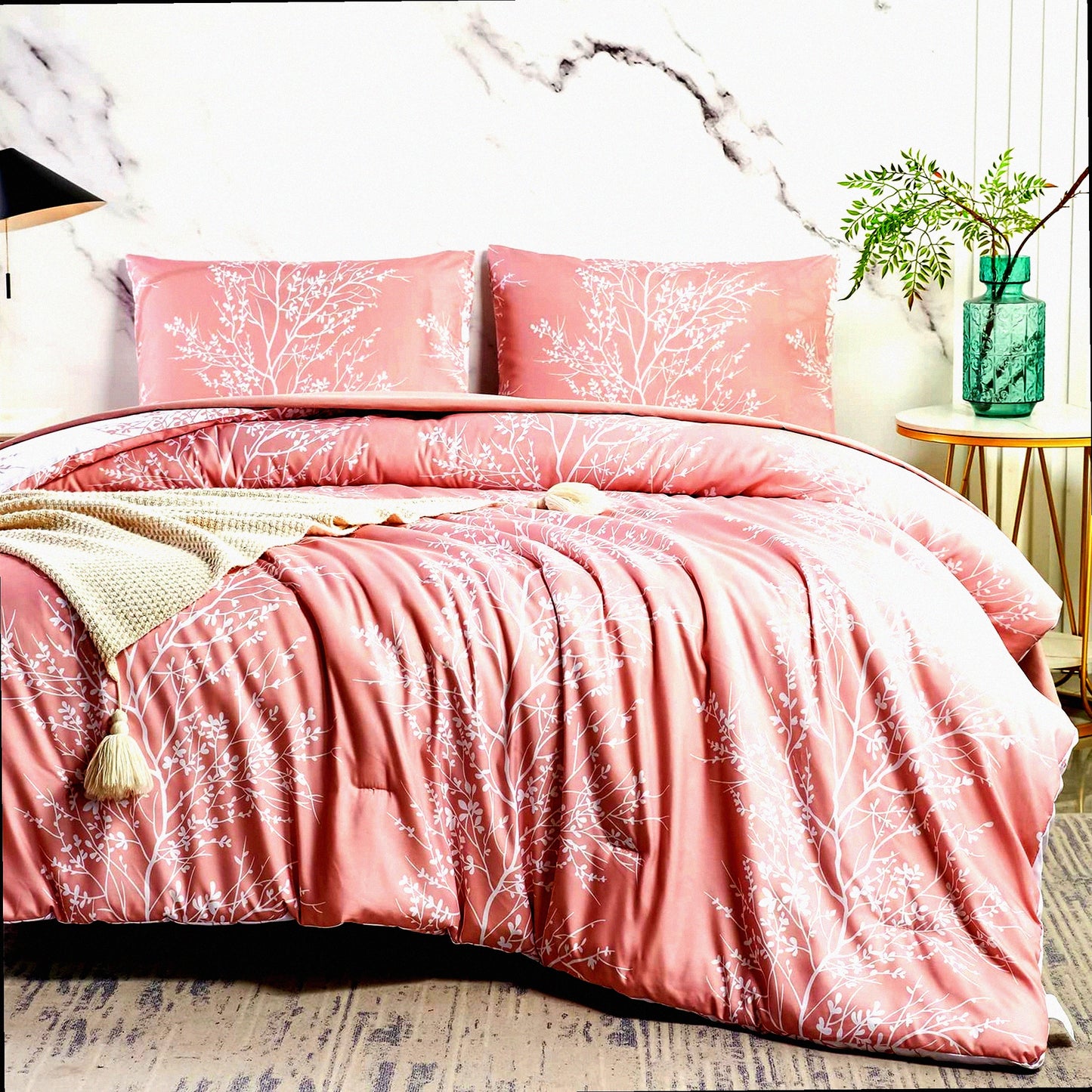Floral Bliss 5-Piece Twin Comforter Set - Soft Microfiber Bedding for Girls, Women, and Teens - Botanical Pattern Bed in a Bag - Blush Twin Size Quilt Set