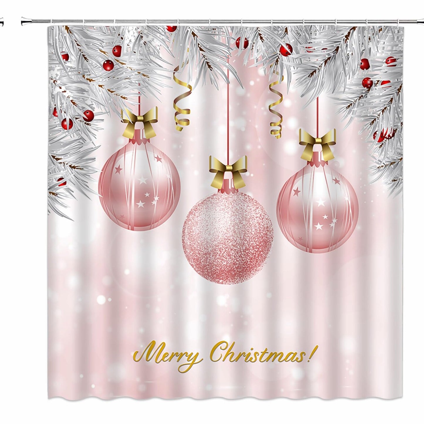 Pink Xmas Ball Stars Shower Curtain 180x180CM