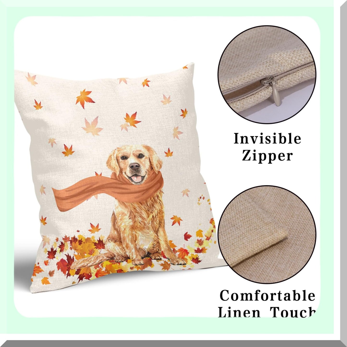 Autumn Harvest Golden Retriever Pillow Cover - Maple Leaves Farmhouse Decorative Protector for Sofa Couch - Modern Thanksgiving Party Living Room Accessory
