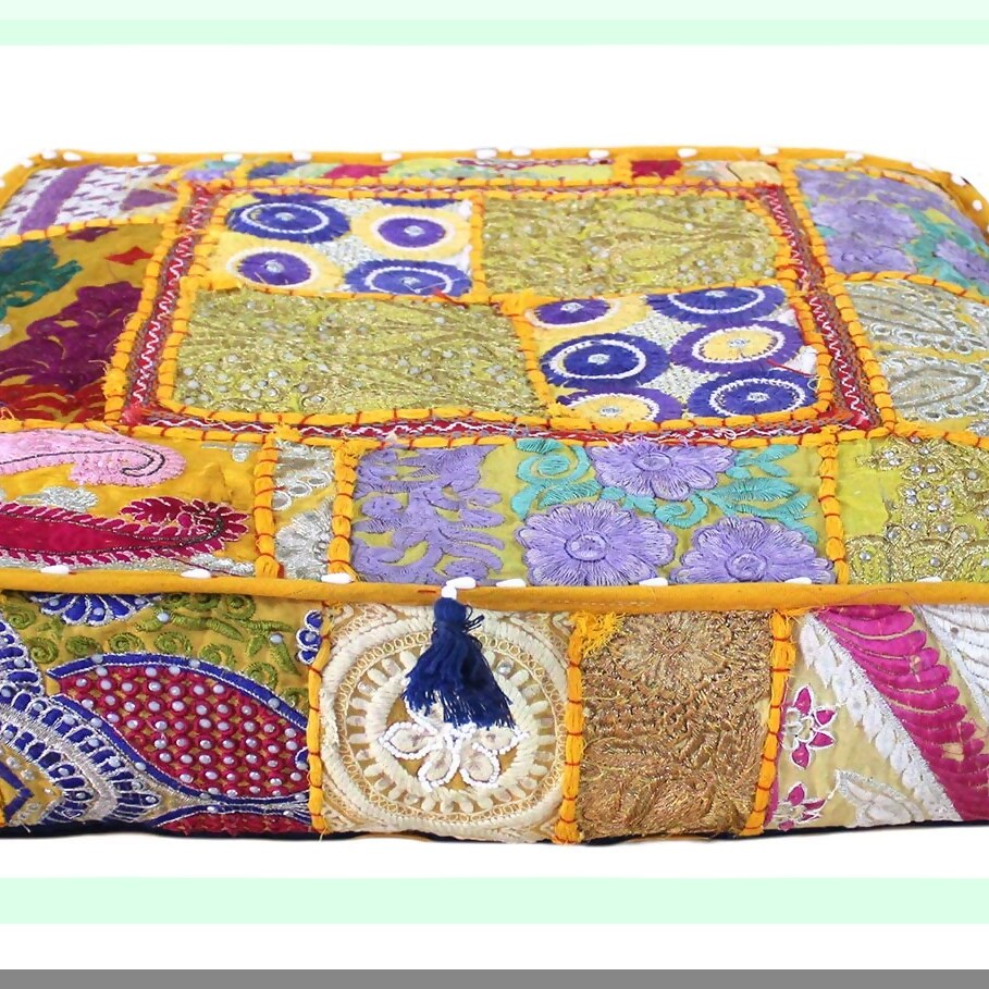 Square Embroidered Patchwork Traditional Pouf Cover - Decorative Ottoman for Living Room - Designer 16x16x5 inches - Unique Home Decor