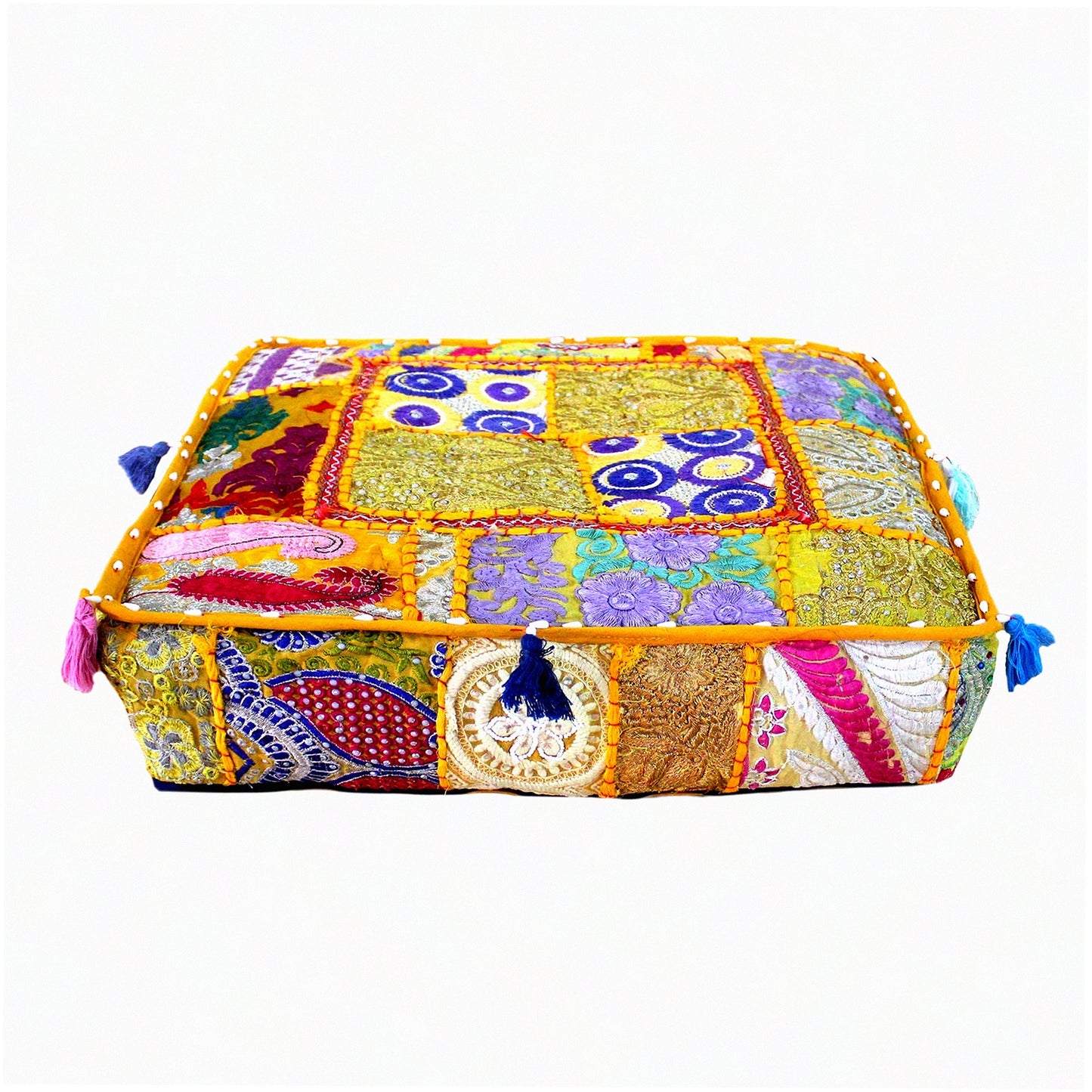 Square Embroidered Patchwork Traditional Pouf Cover - Decorative Ottoman for Living Room - Designer 16x16x5 inches - Unique Home Decor