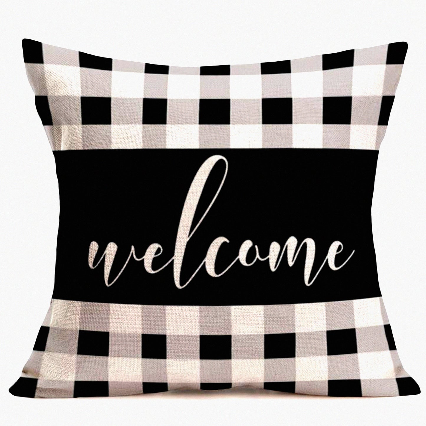 Buffalo Check Plaid Welcome Quote Pillow Cover - Rustic Farmhouse Decor Cushion Case for Sofa Couch Bed - Cotton Linen Throw Pillow 18"x18"