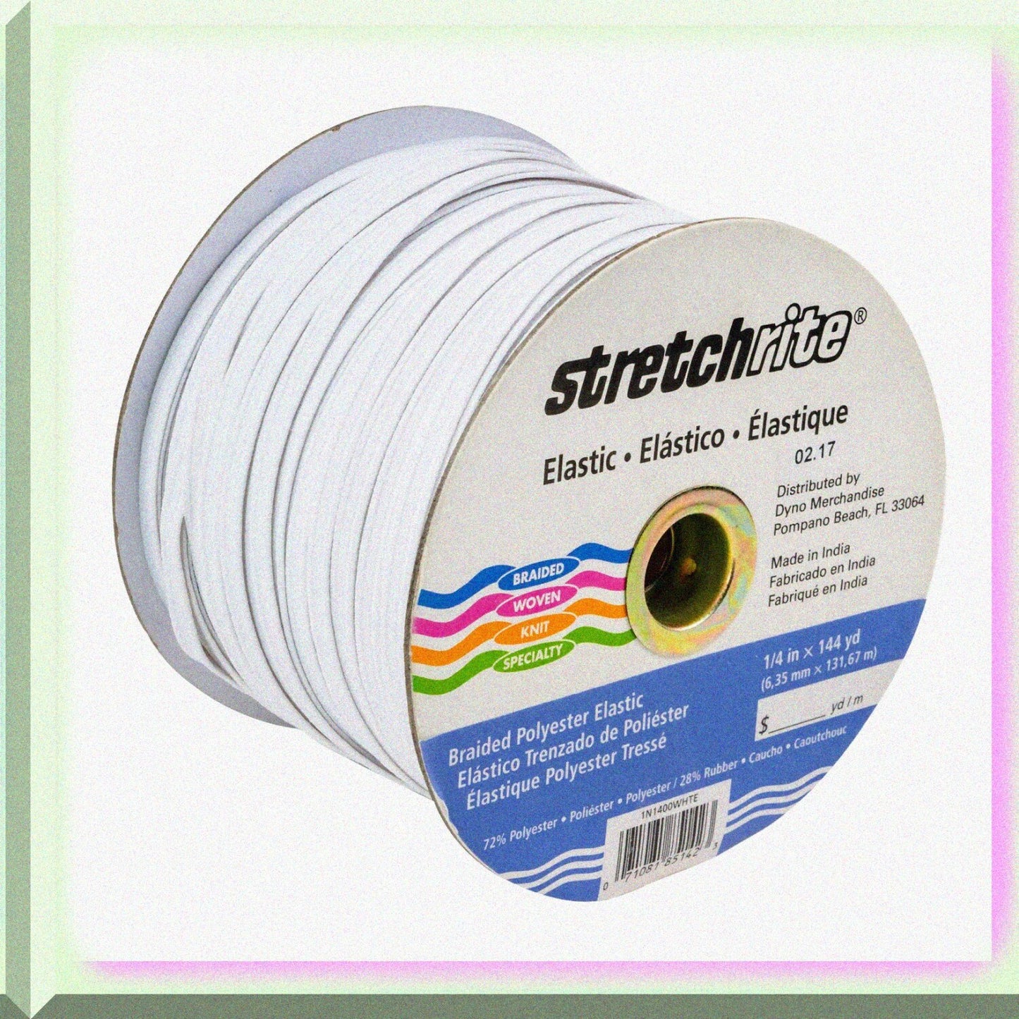 1/4 Inch Braided Polyester Elastic 144 Yards White