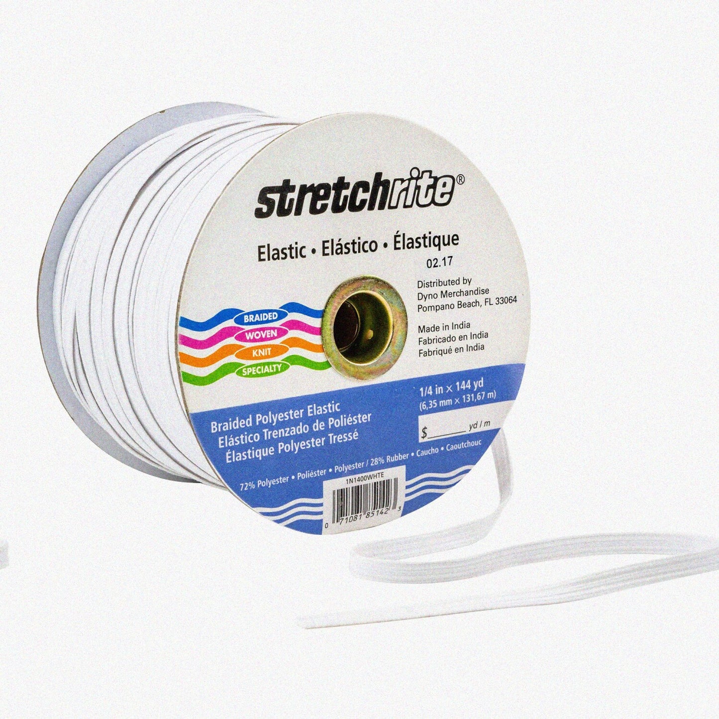 1/4 Inch Braided Polyester Elastic 144 Yards White