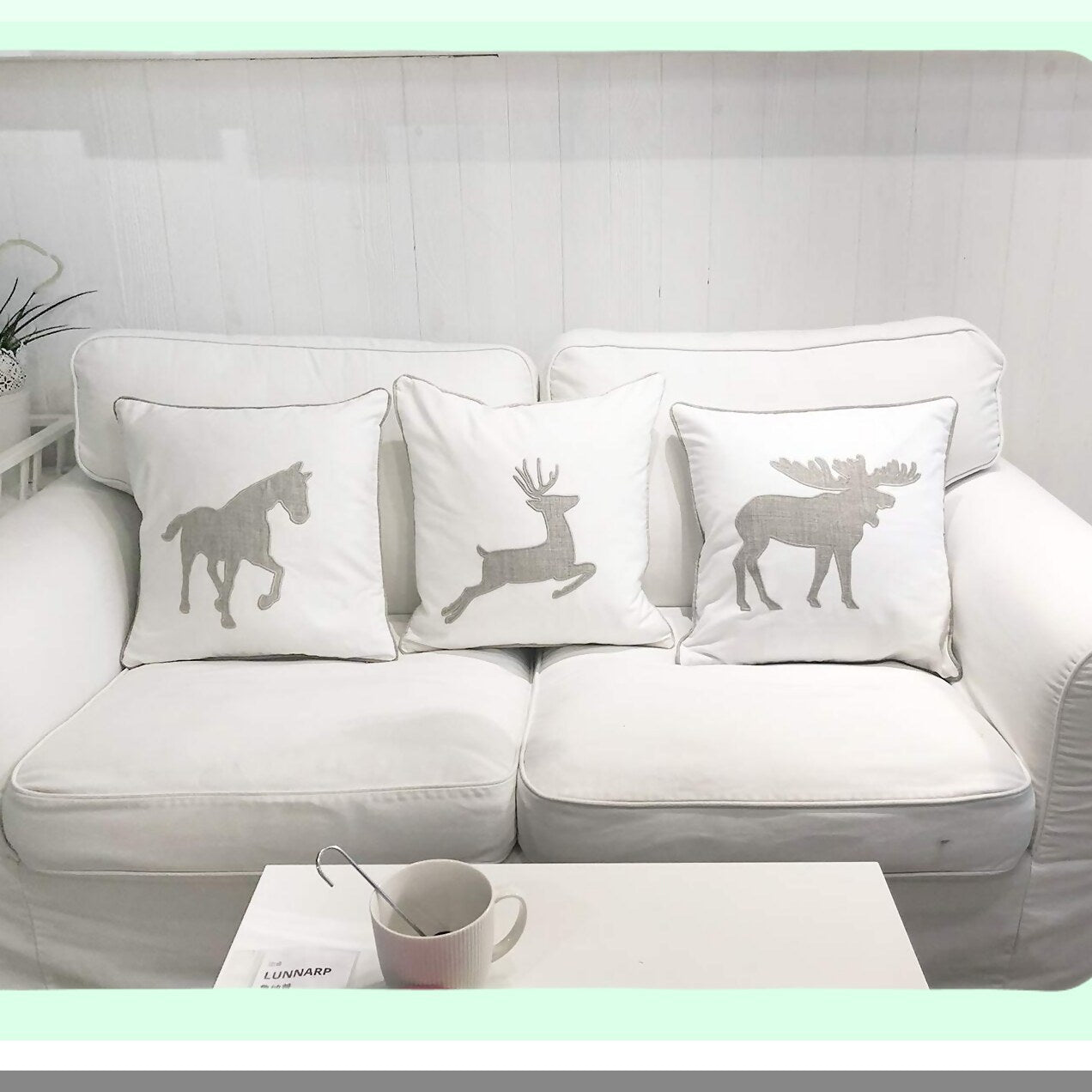 Wildlife Embroidered Cotton Pillow Covers - Moose Pattern Decorative Cushion Cases for Couch - 18x18 Inches White Throw Pillow Covers