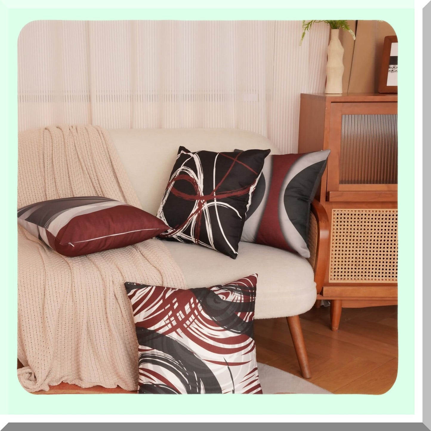 Abstract Stripe Red Grey Pillow Covers - Set of 4 | Modern Acrylic Bold Decorative Cases | Home Decor Square 18x18 Inches Pillowcases