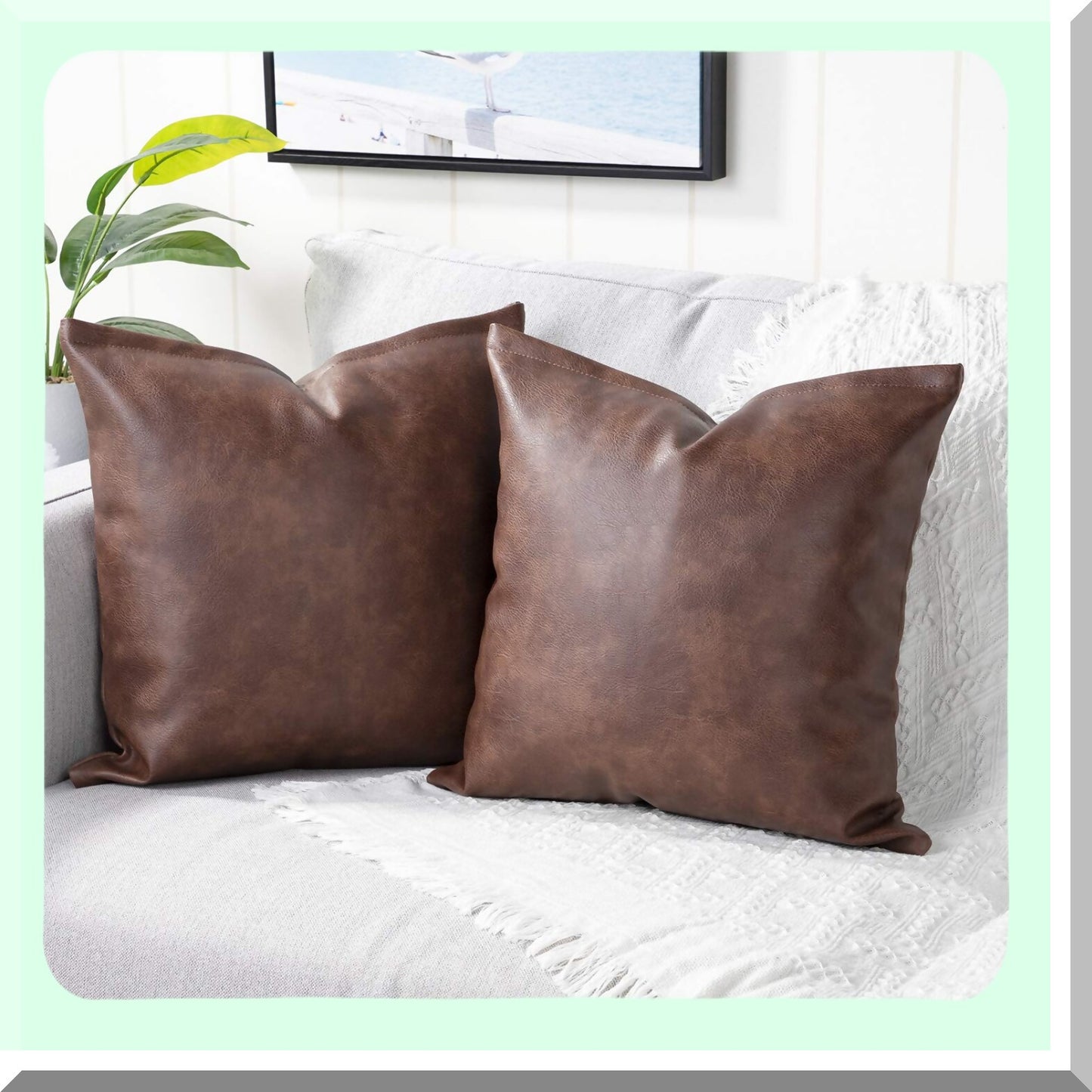 Luxury Leather Cushion Covers - Modern Solid Decorative Throw Pillowcases for Couch Sofa Bed. Set of 2, 20x20 Inches, Dark Brown. Outdoor & Indoor.