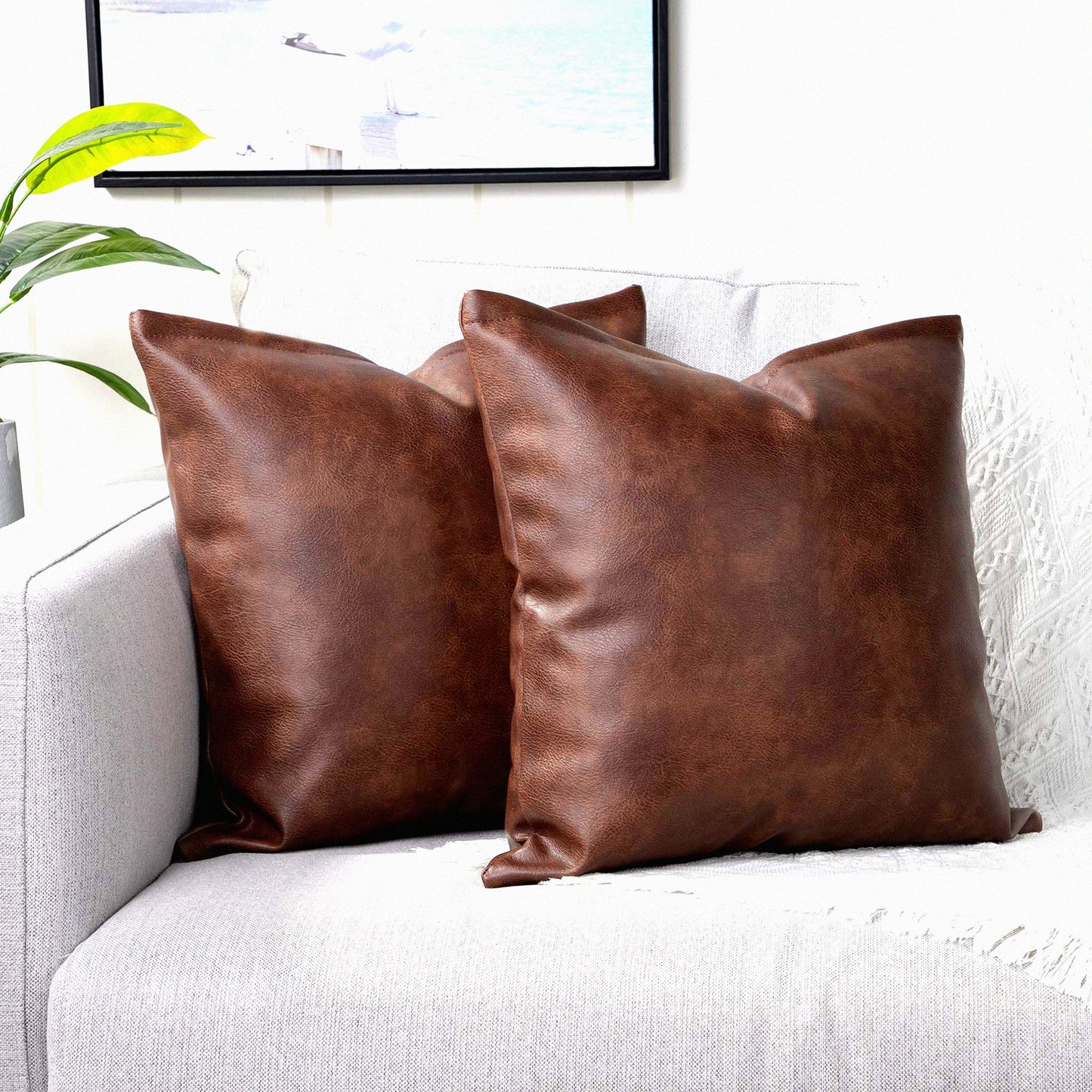 Luxury Leather Cushion Covers - Modern Solid Decorative Throw Pillowcases for Couch Sofa Bed. Set of 2, 20x20 Inches, Dark Brown. Outdoor & Indoor.